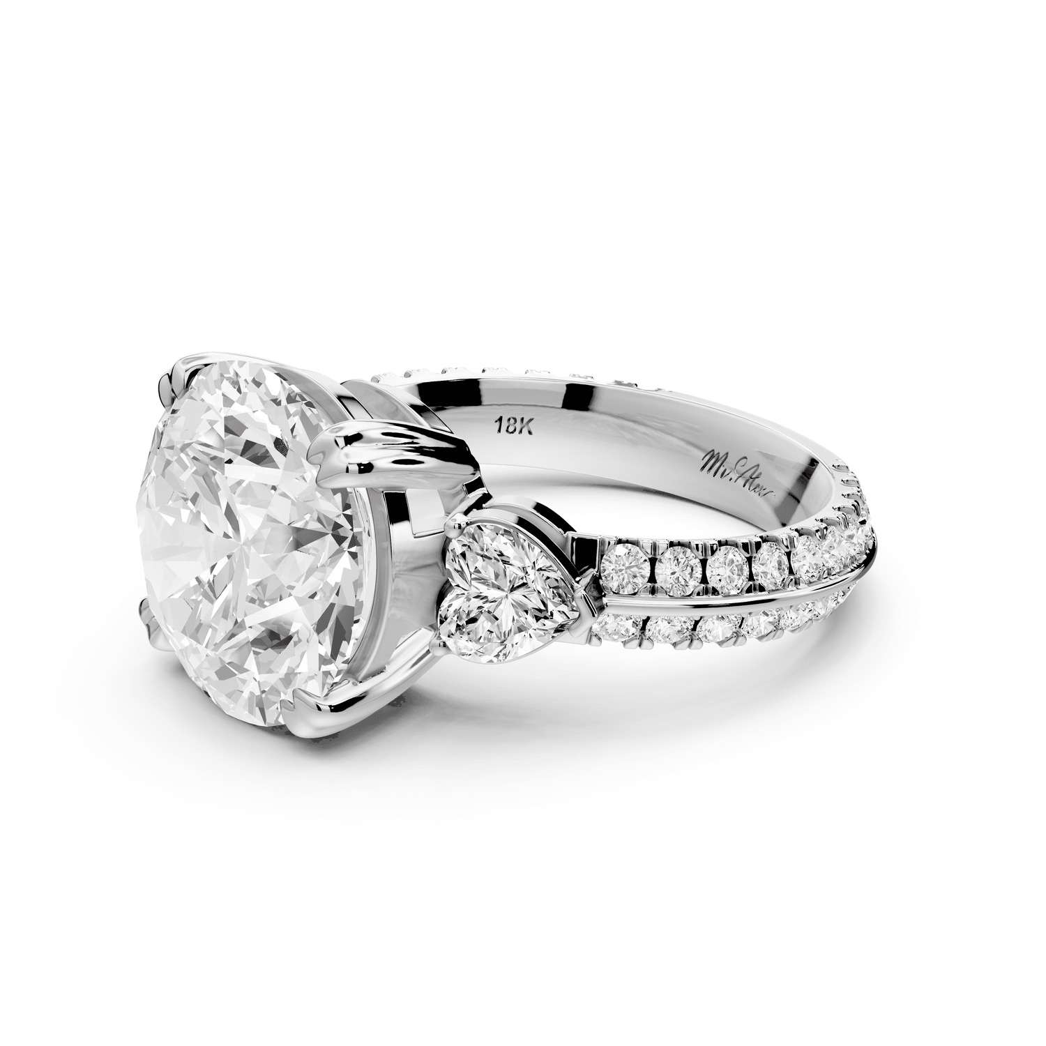 Elinor - 5ct 18k white gold round diamond Double talon prongs with two heart side stones and rollover pavé engagement ring - Mr. Alex Jewelry