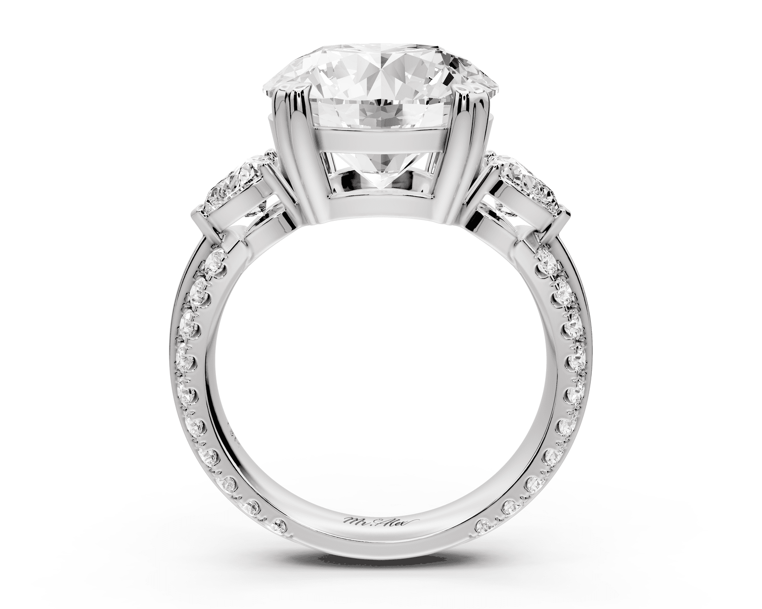 Elinor - 5ct 18k white gold round diamond Double talon prongs with two heart side stones and rollover pavé engagement ring - Mr. Alex Jewelry