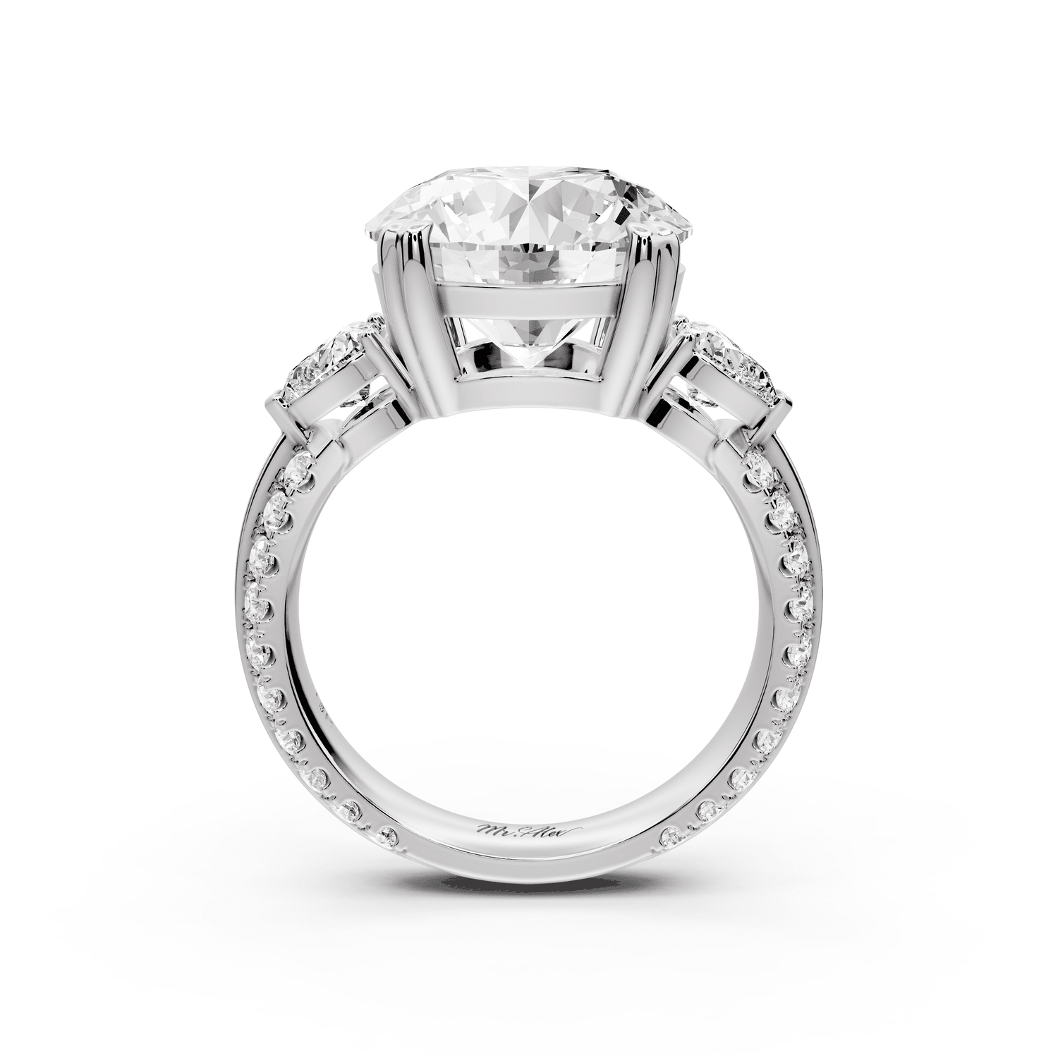 Elinor - 5ct 18k white gold round diamond Double talon prongs with two heart side stones and rollover pavé engagement ring - Mr. Alex Jewelry
