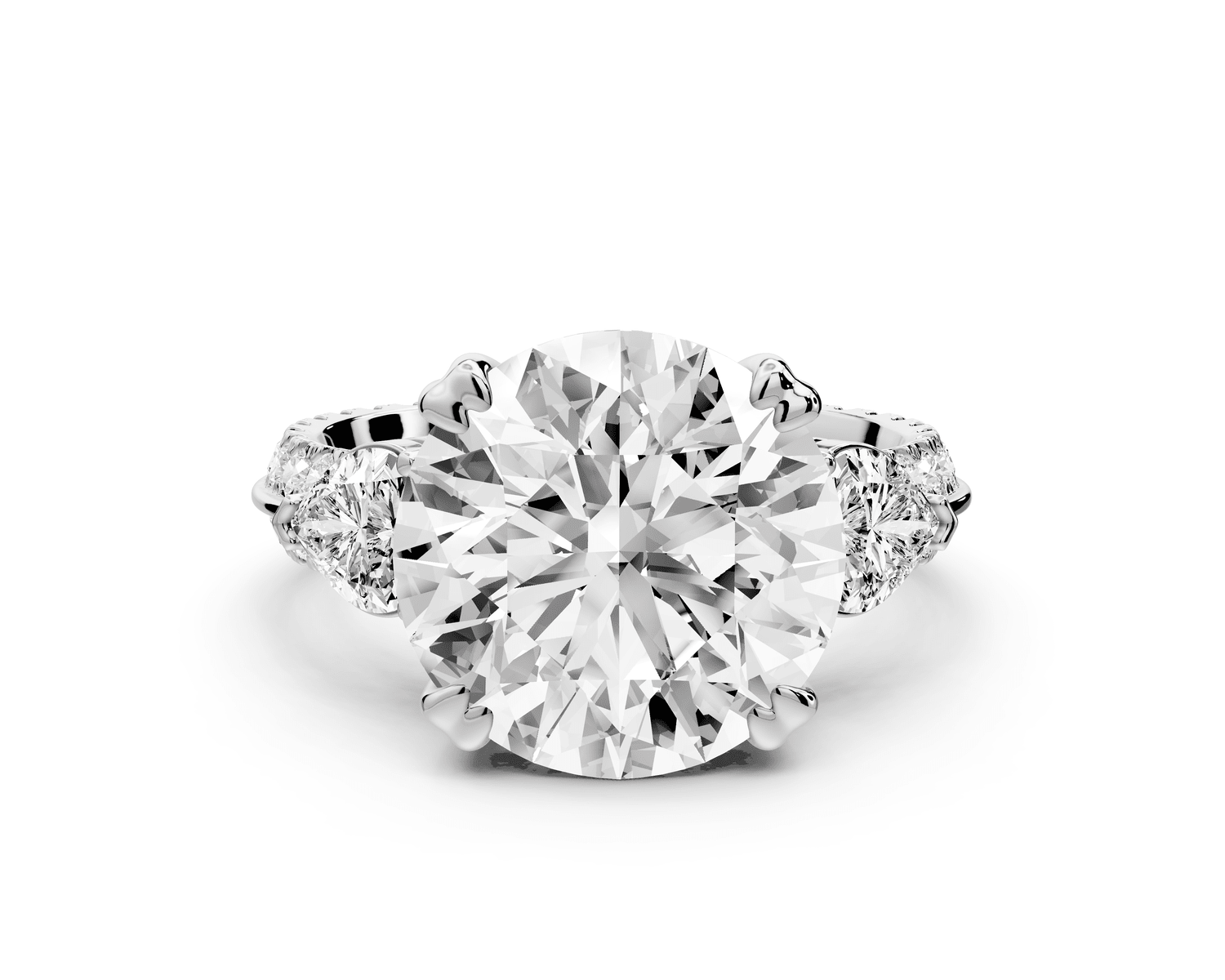 Elinor - 5ct 18k white gold round diamond Double talon prongs with two heart side stones and rollover pavé engagement ring - Mr. Alex Jewelry
