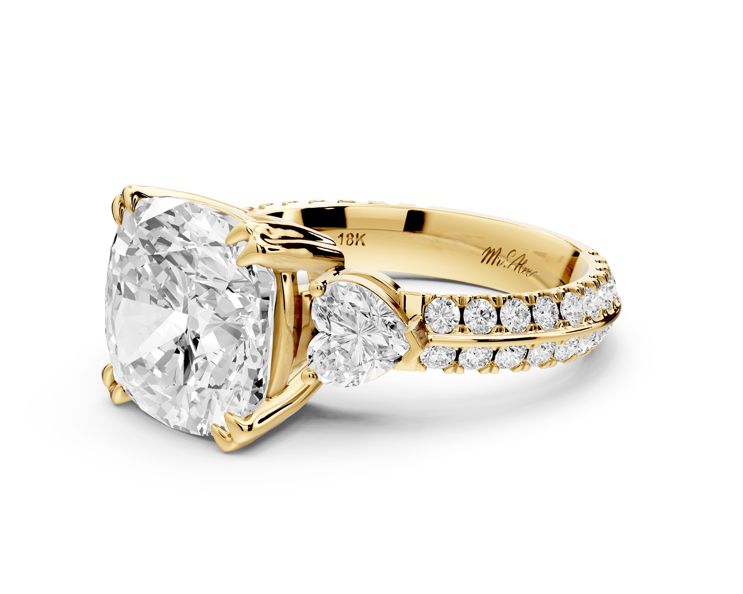 Elinor - 5ct 18k yellow gold cushion diamond Double talon prongs with two heart side stones and rollover pavé engagement ring - Mr. Alex Jewelry