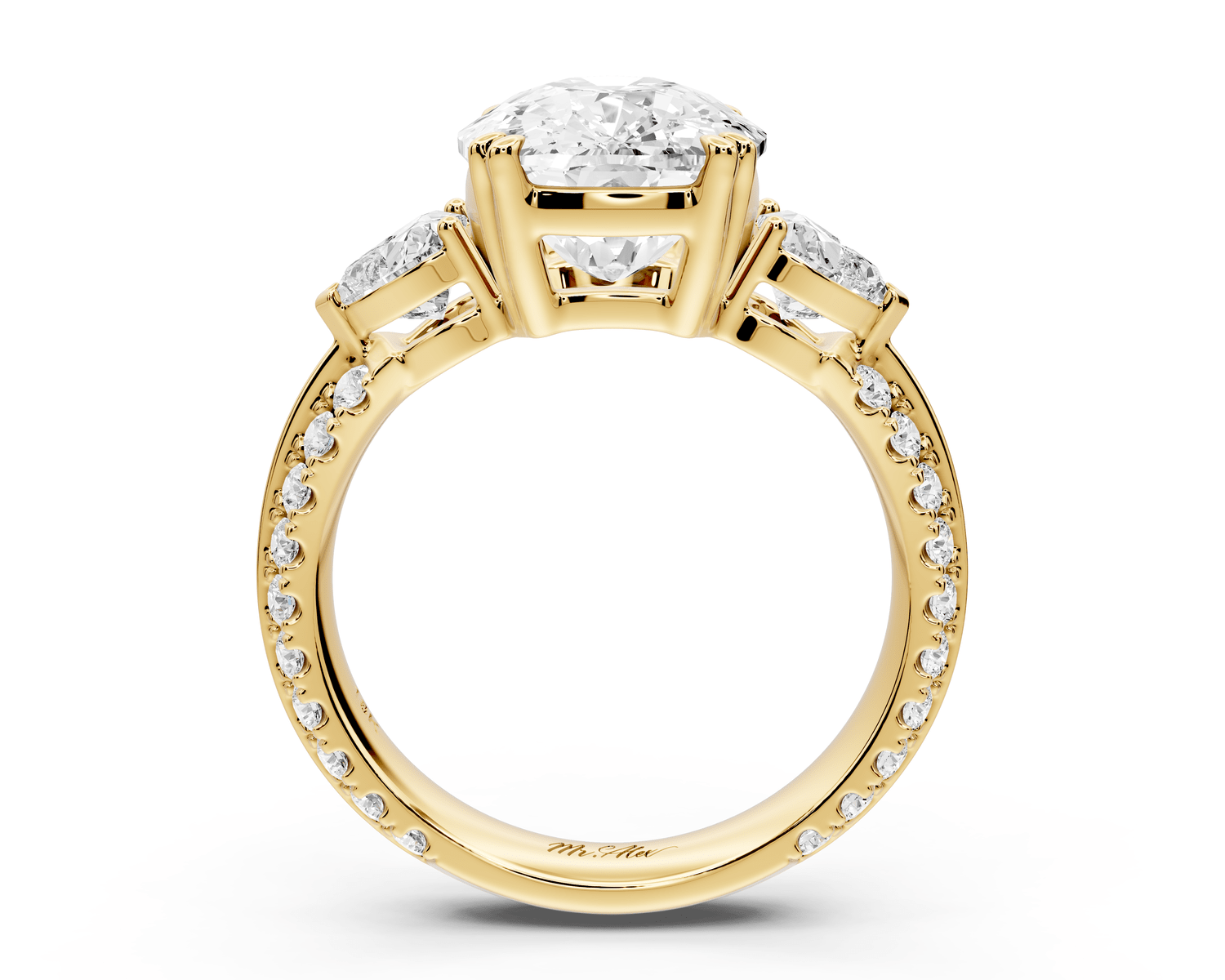 Elinor - 5ct 18k yellow gold ecushion diamond Double talon prongs with two heart side stones and rollover pavé engagement ring - Mr. Alex Jewelry