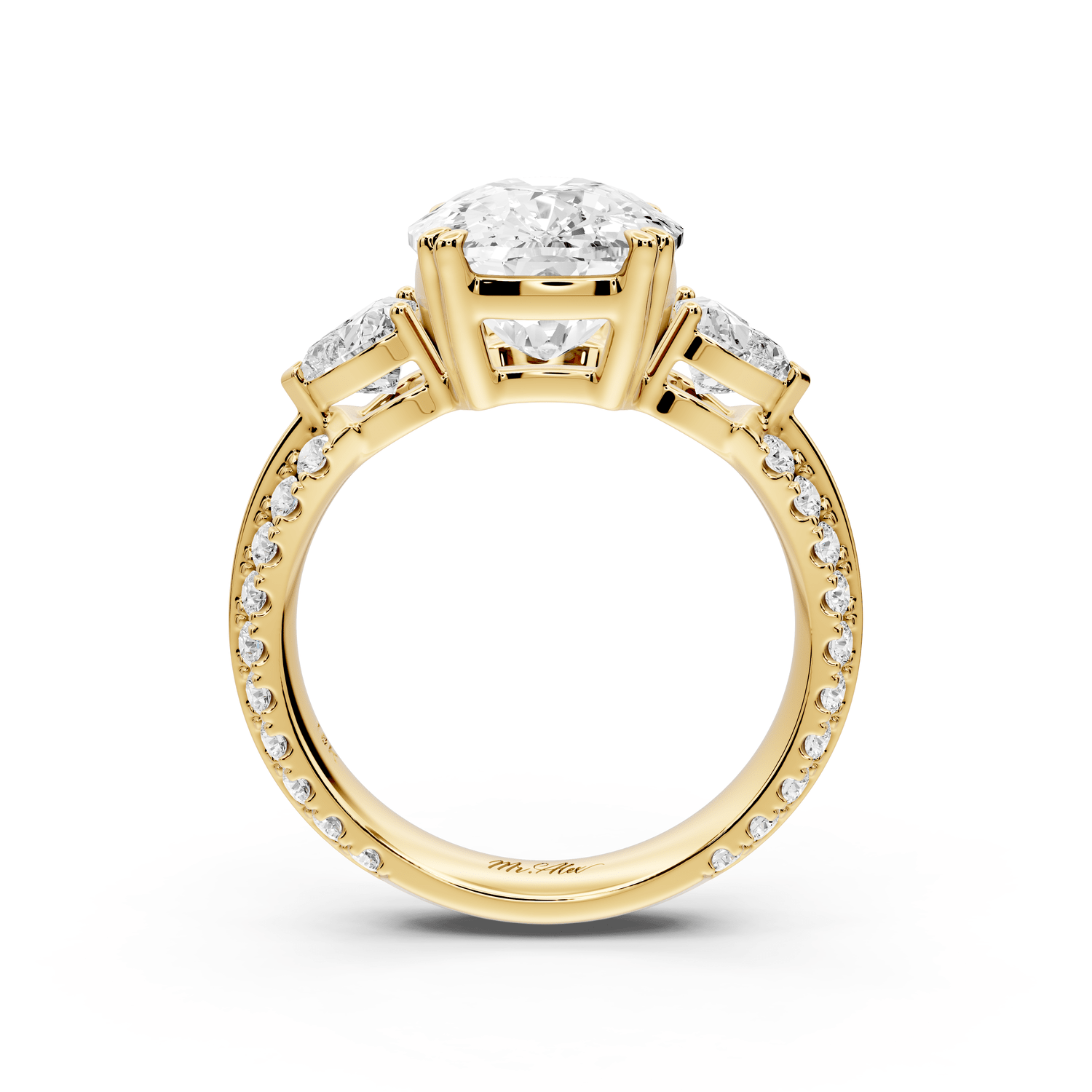 Elinor - 5ct 18k yellow gold ecushion diamond Double talon prongs with two heart side stones and rollover pavé engagement ring - Mr. Alex Jewelry