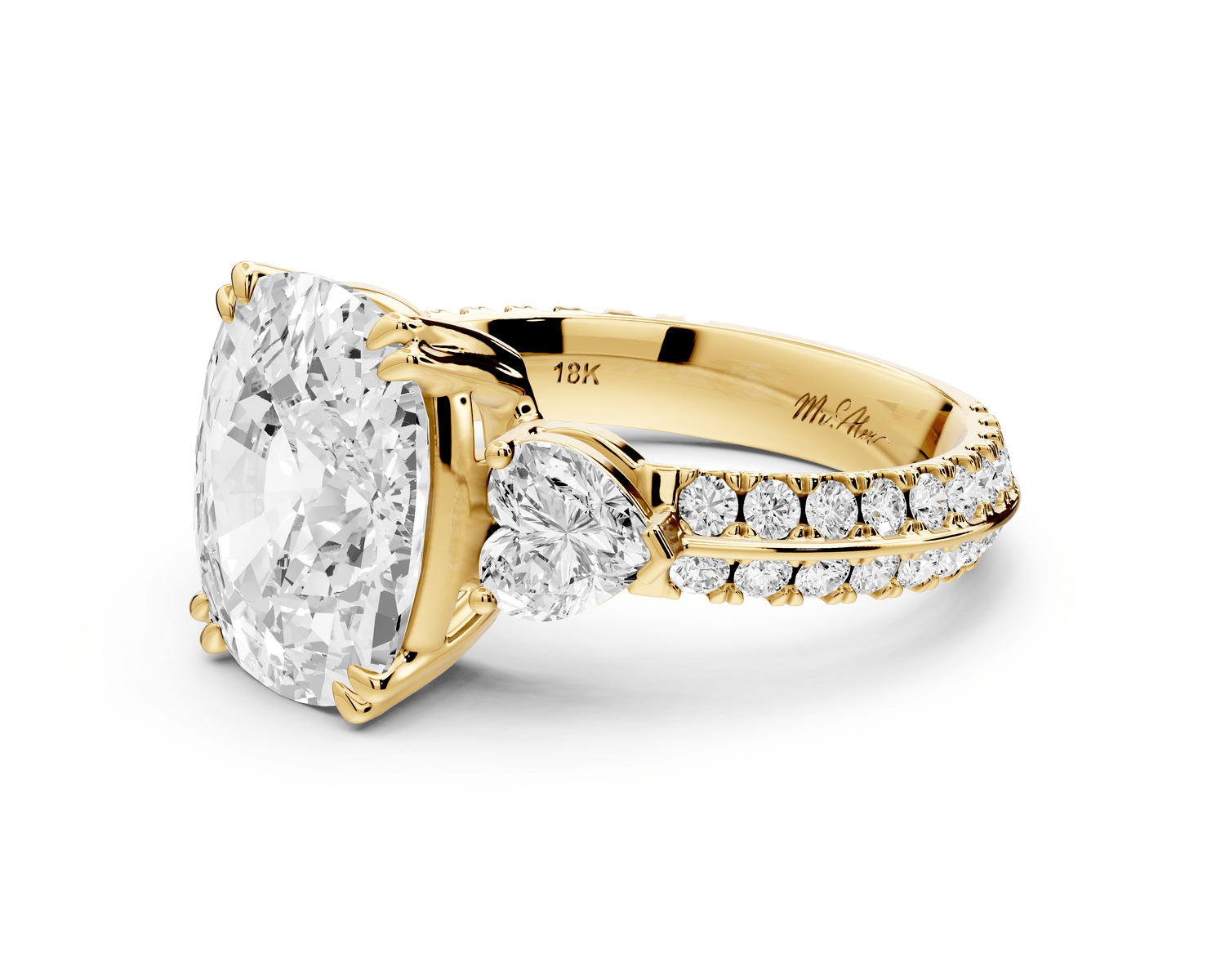 Elinor - 5ct 18k yellow gold ecushion diamond Double talon prongs with two heart side stones and rollover pavé engagement ring - Mr. Alex Jewelry