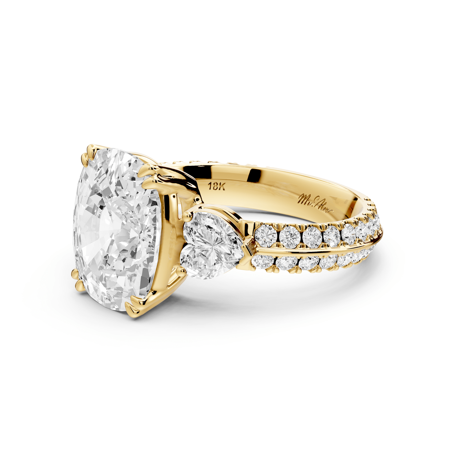 Elinor - 5ct 18k yellow gold ecushion diamond Double talon prongs with two heart side stones and rollover pavé engagement ring - Mr. Alex Jewelry