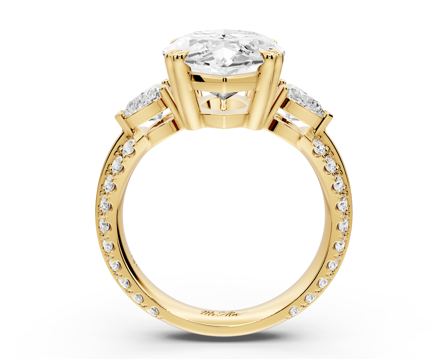 Elinor - 5ct 18k yellow gold marquise diamond Double talon prongs with two heart side stones and rollover pavé engagement ring - Mr. Alex Jewelry