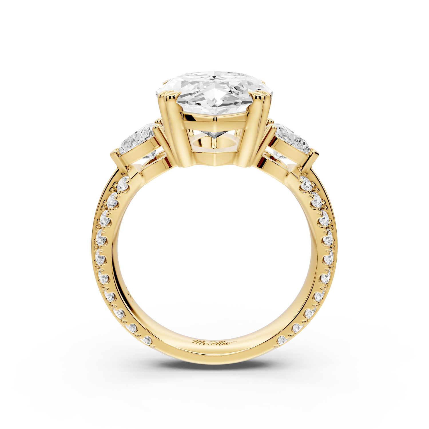 Elinor - 5ct 18k yellow gold marquise diamond Double talon prongs with two heart side stones and rollover pavé engagement ring - Mr. Alex Jewelry