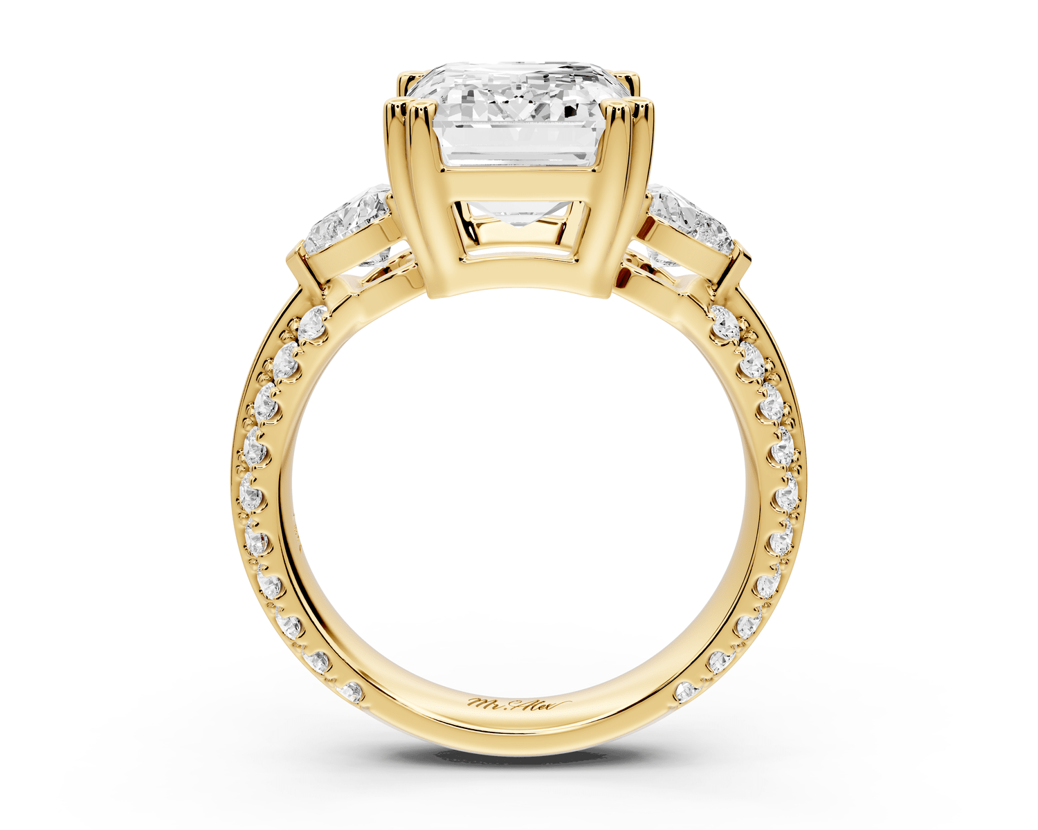 Elinor - 5ct 18k yellow gold oval diamond Double talon prongs with two heart side stones and rollover pavé engagement ring - Mr. Alex Jewelry