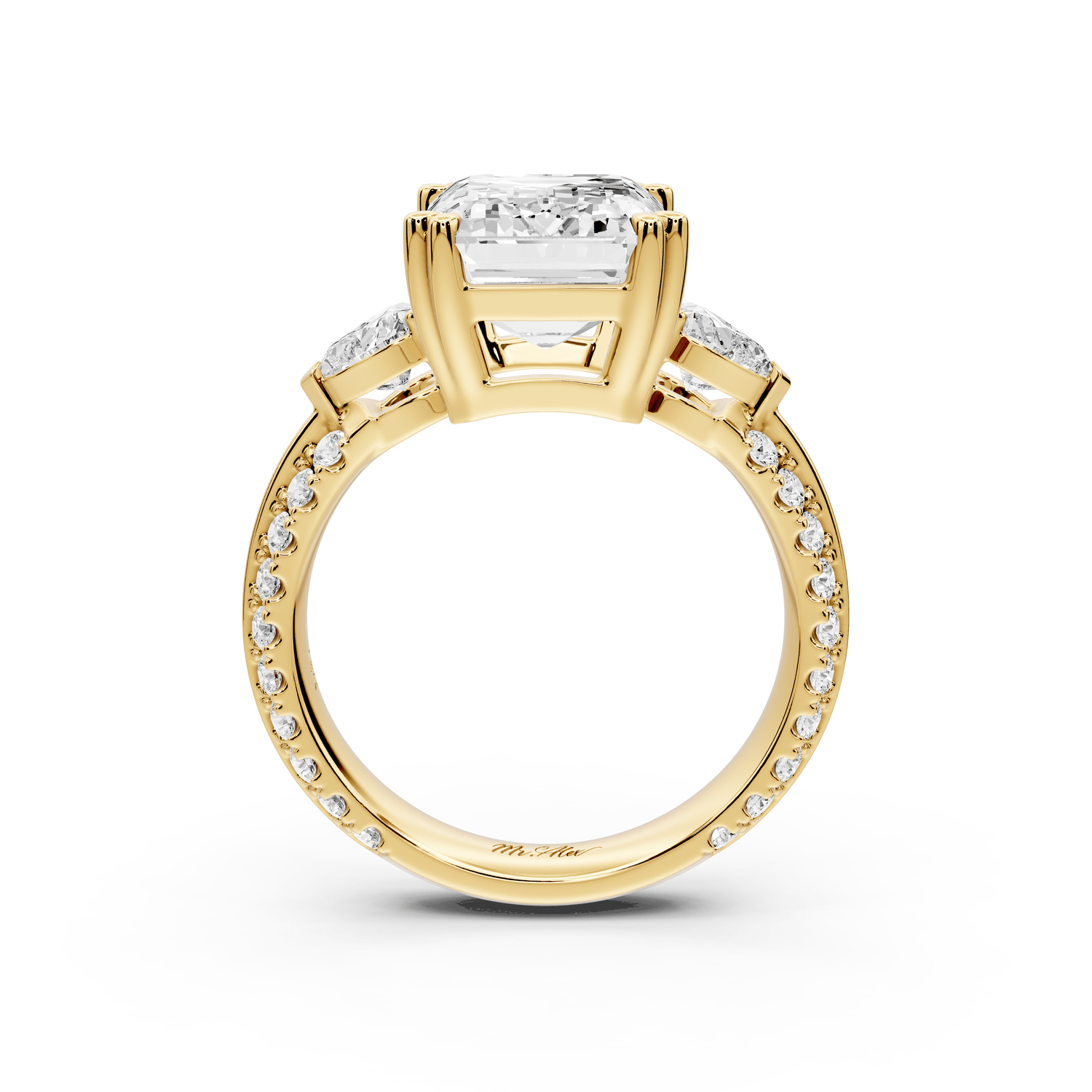 Elinor - 5ct 18k yellow gold oval diamond Double talon prongs with two heart side stones and rollover pavé engagement ring - Mr. Alex Jewelry