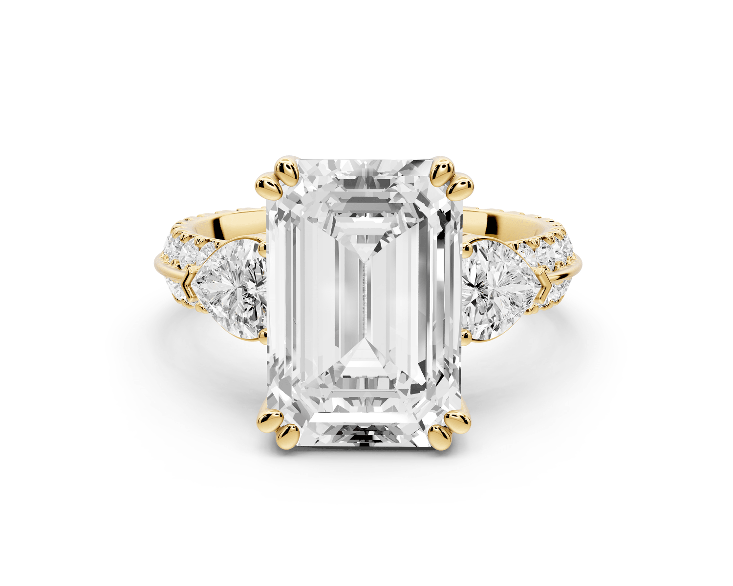 Elinor - 5ct 18k yellow gold oval diamond Double talon prongs with two heart side stones and rollover pavé engagement ring - Mr. Alex Jewelry