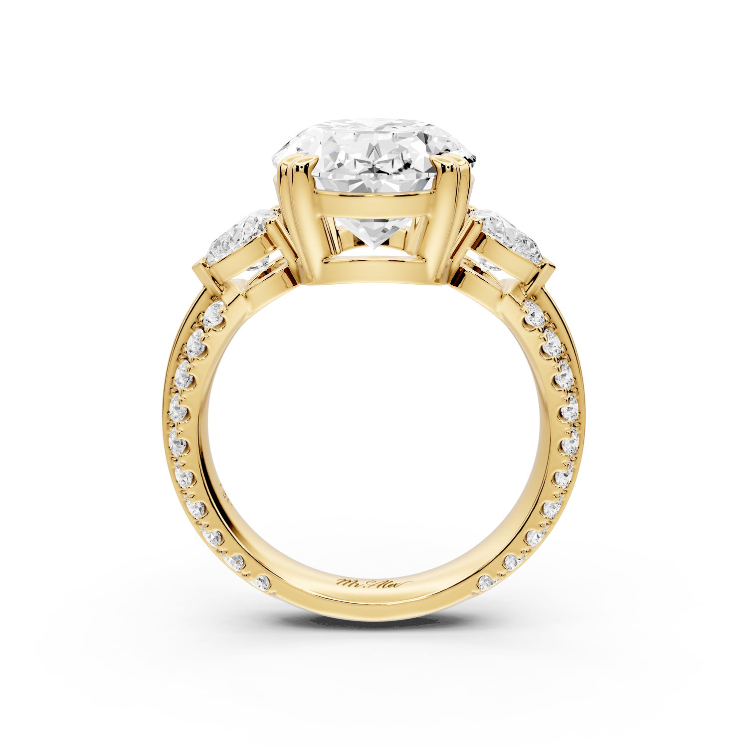 Elinor - 5ct 18k yellow gold pear diamond Double talon prongs with two heart side stones and rollover pavé engagement ring - Mr. Alex Jewelry