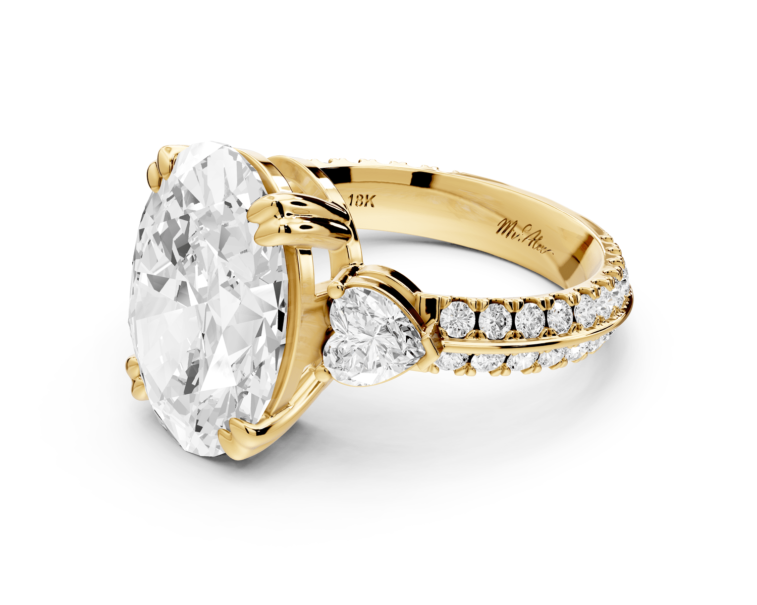 Elinor - 5ct 18k yellow gold pear diamond Double talon prongs with two heart side stones and rollover pavé engagement ring - Mr. Alex Jewelry