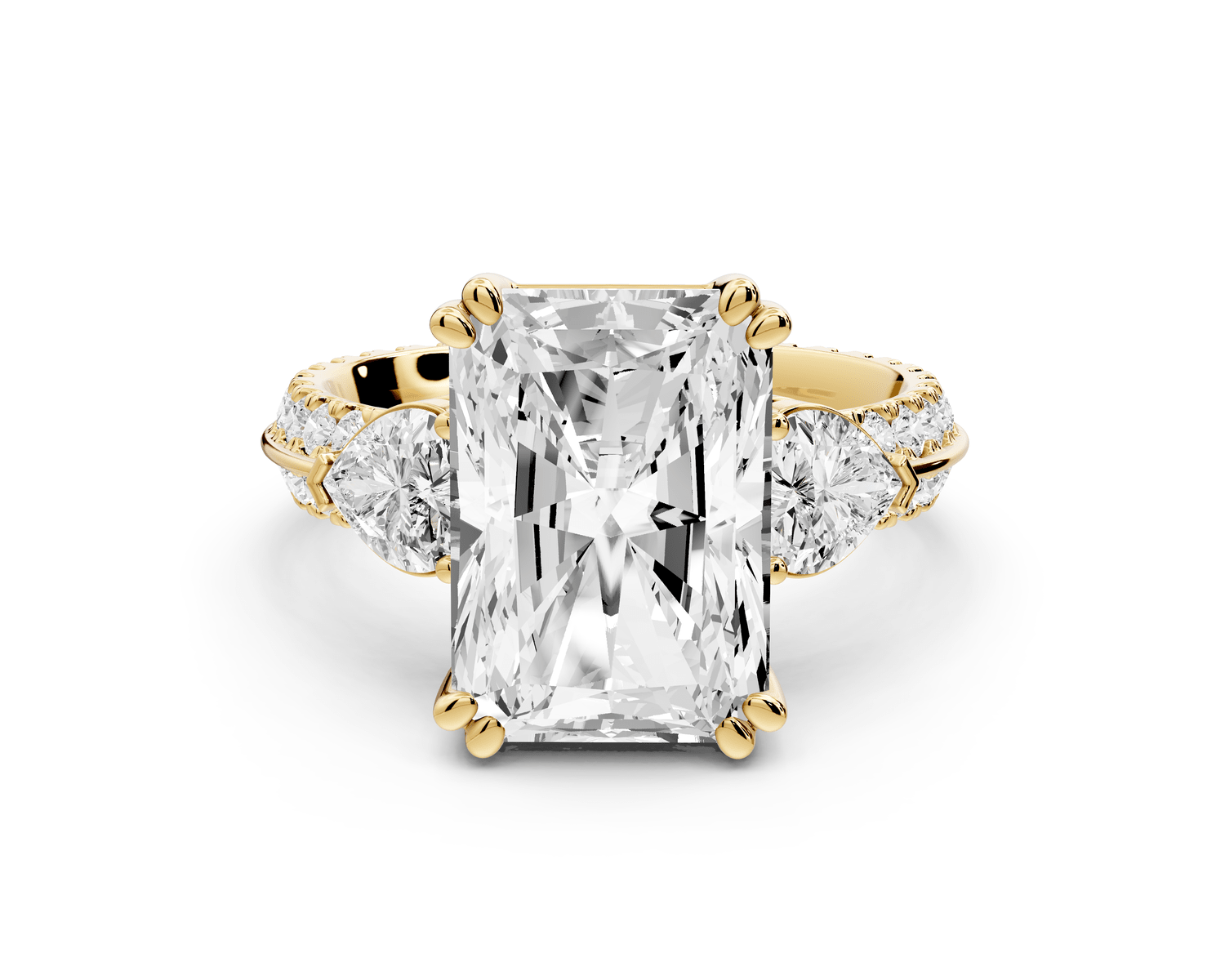 Elinor - 5ct 18k yellow gold radiant diamond Double talon prongs with two heart side stones and rollover pavé engagement ring - Mr. Alex Jewelry