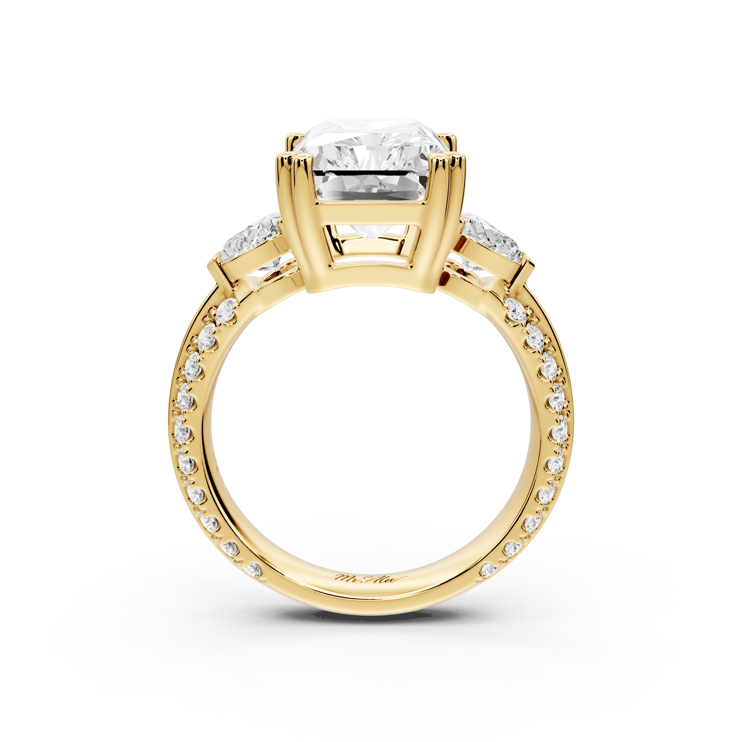 Elinor - 5ct 18k yellow gold radiant diamond Double talon prongs with two heart side stones and rollover pavé engagement ring - Mr. Alex Jewelry