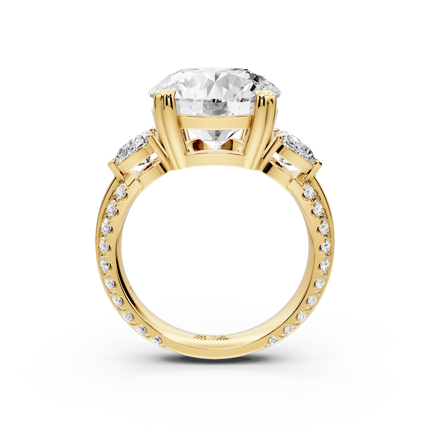 Elinor - 5ct 18k yellow gold round diamond Double talon prongs with two heart side stones and rollover pavé engagement ring - Mr. Alex Jewelry