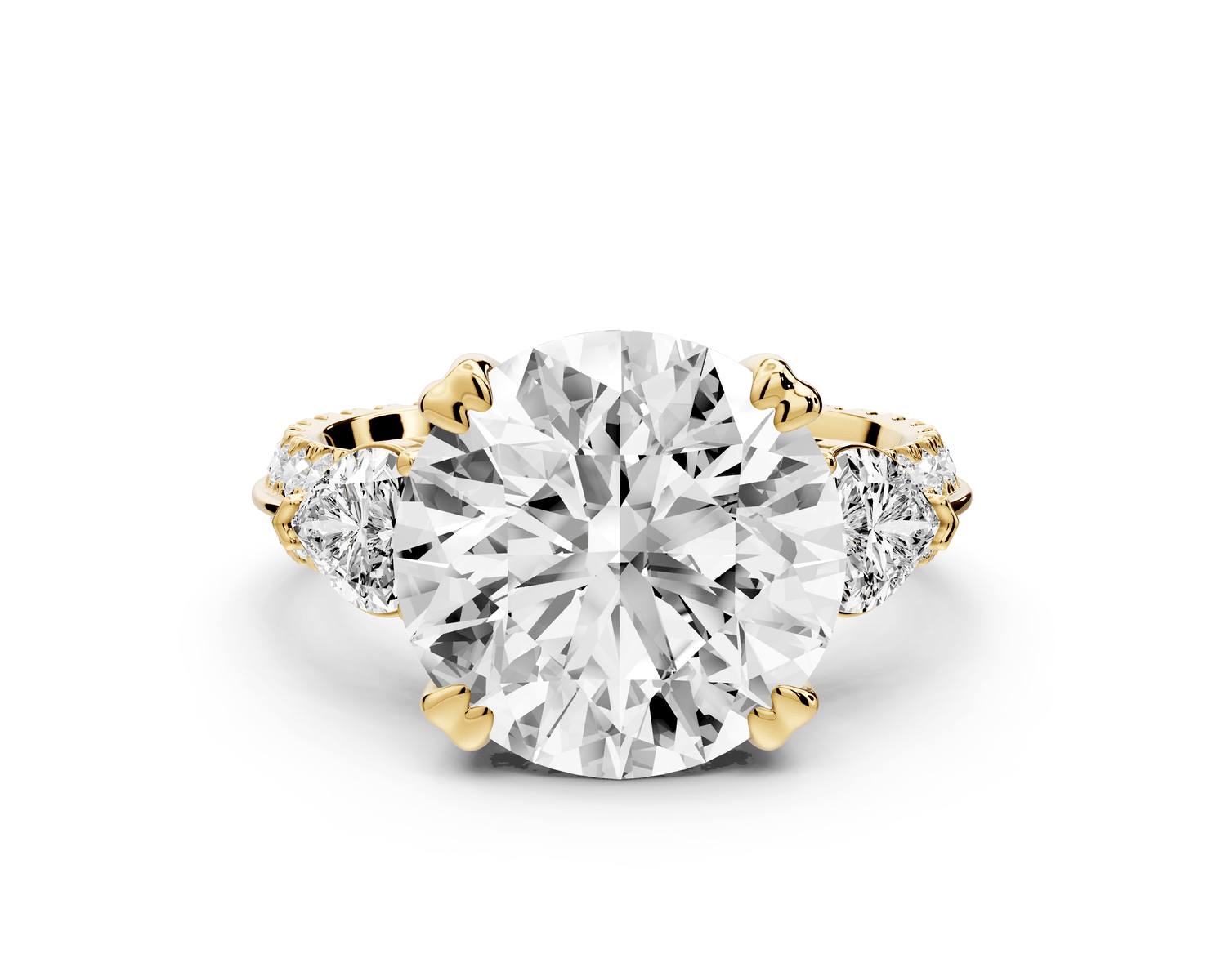 Elinor - 5ct 18k yellow gold round diamond Double talon prongs with two heart side stones and rollover pavé engagement ring - Mr. Alex Jewelry