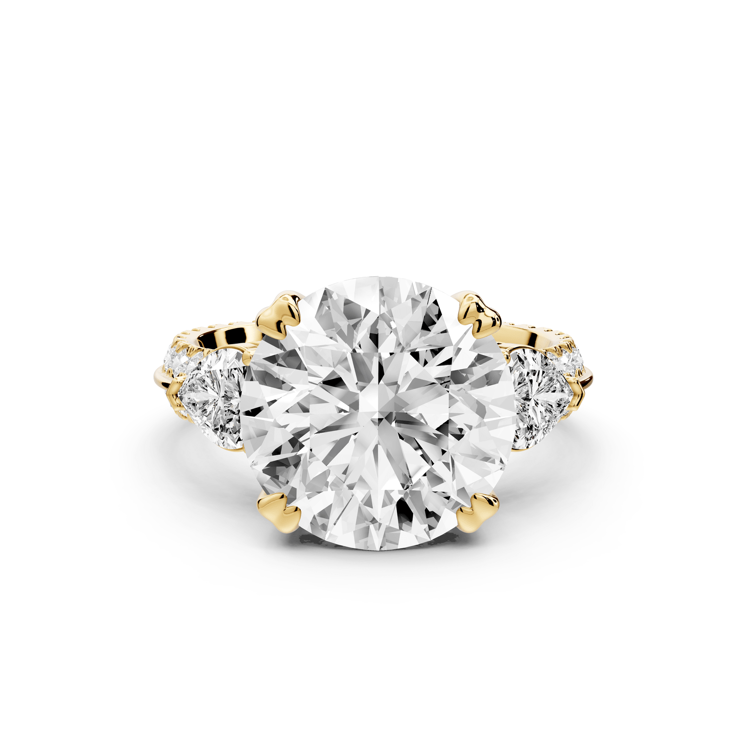 Elinor - 5ct 18k yellow gold round diamond Double talon prongs with two heart side stones and rollover pavé engagement ring - Mr. Alex Jewelry