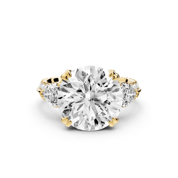 Elinor - 5ct 18k yellow gold round diamond Double talon prongs with two heart side stones and rollover pavé engagement ring - Mr. Alex Jewelry
