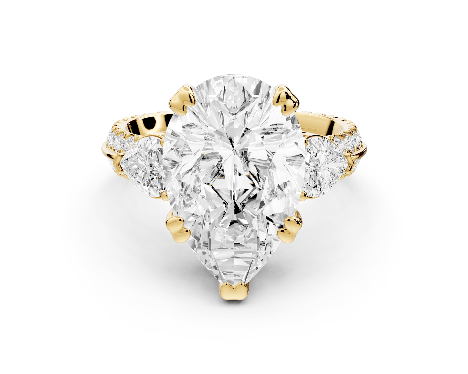 Elinor - 5ct 18k yellow gold round diamond Double talon prongs with two heart side stones and rollover pavé engagement ring - Mr. Alex Jewelry