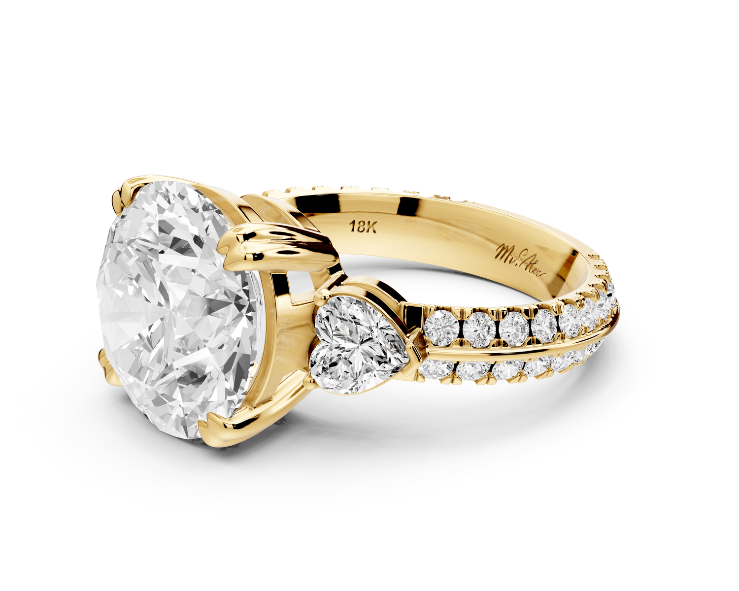 Elinor - 5ct 18k yellow gold round diamond Double talon prongs with two heart side stones and rollover pavé engagement ring - Mr. Alex Jewelry