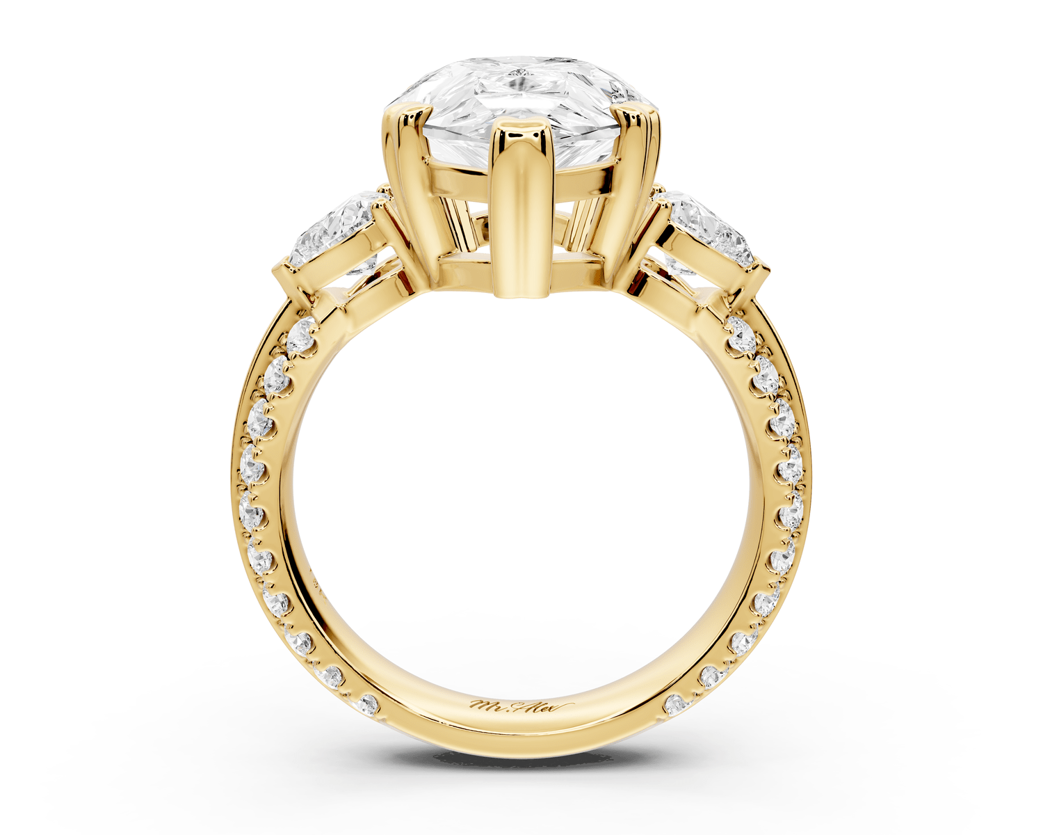 Elinor - 5ct 18k yellow gold round diamond Double talon prongs with two heart side stones and rollover pavé engagement ring - Mr. Alex Jewelry