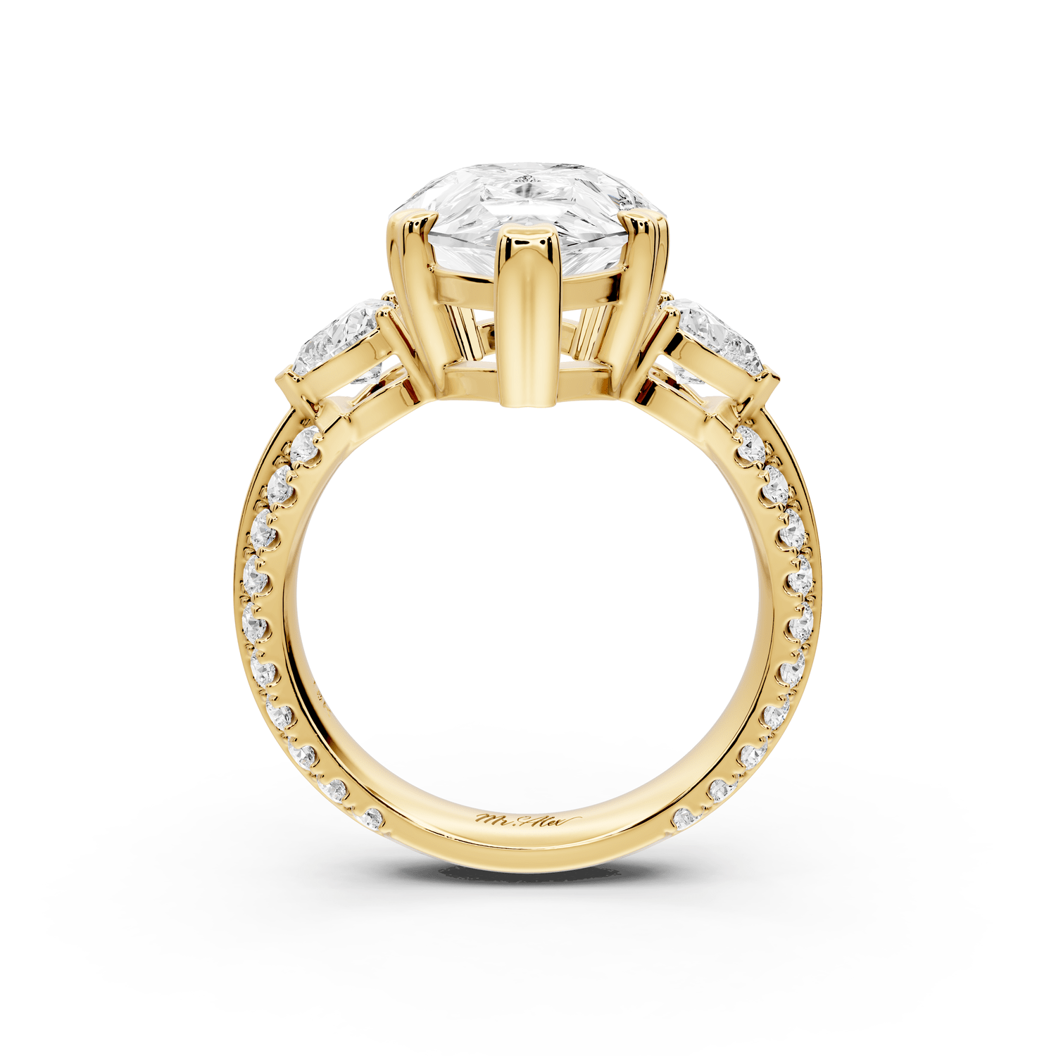 Elinor - 5ct 18k yellow gold round diamond Double talon prongs with two heart side stones and rollover pavé engagement ring - Mr. Alex Jewelry