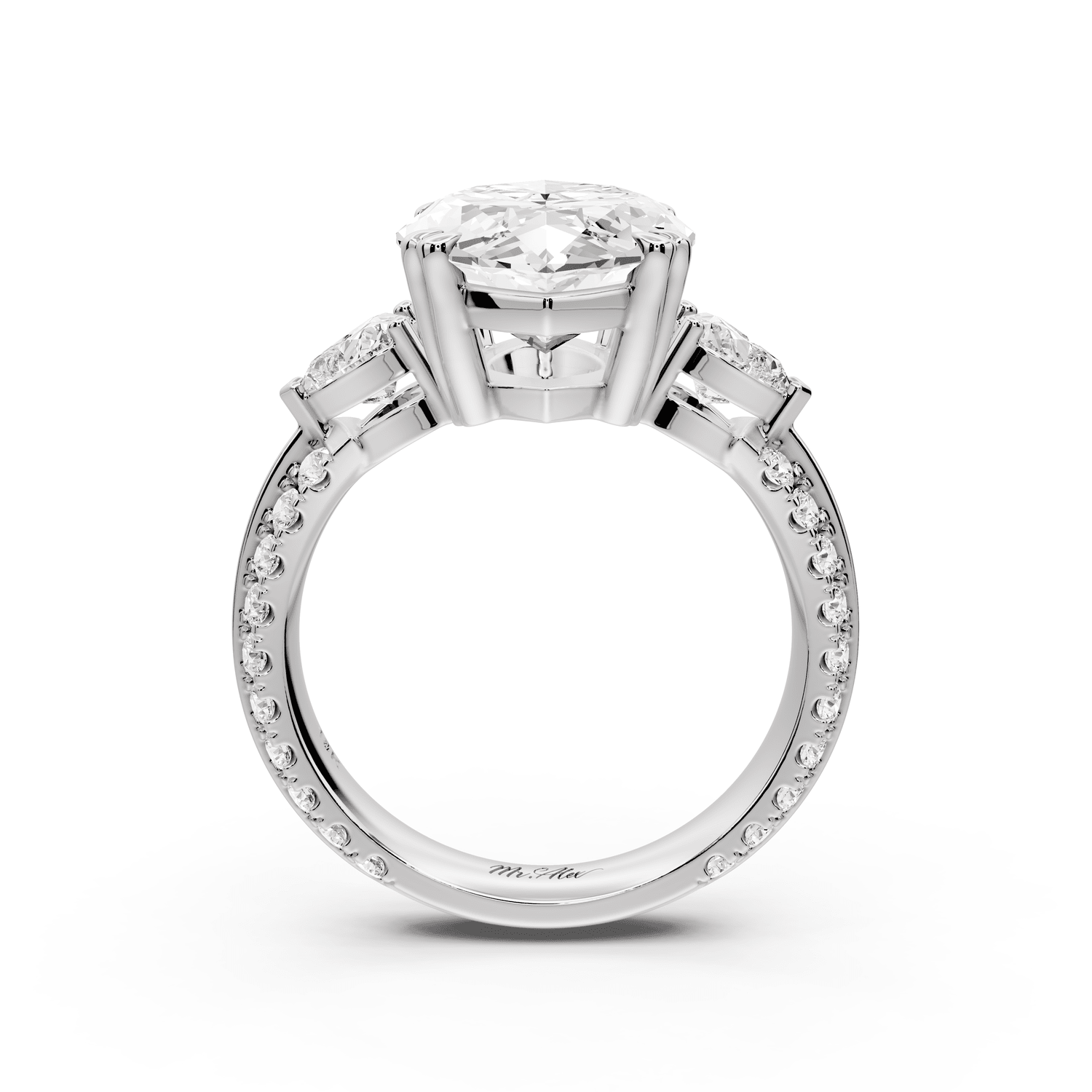 Elinor - 5ct platinum cushion diamond Double talon prongs with two heart side stones and rollover pavé engagement ring - Mr. Alex Jewelry