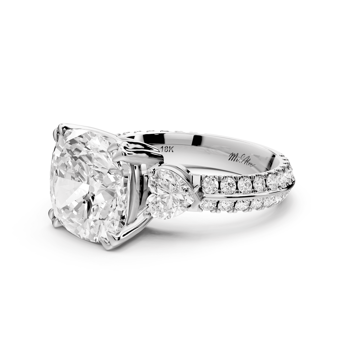 Elinor - 5ct platinum ecushion diamond Double talon prongs with two heart side stones and rollover pavé engagement ring - Mr. Alex Jewelry