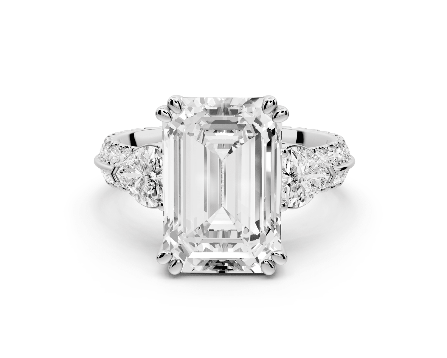 Elinor - 5ct platinum emerald diamond Double talon prongs with two heart side stones and rollover pavé engagement ring - Mr. Alex Jewelry