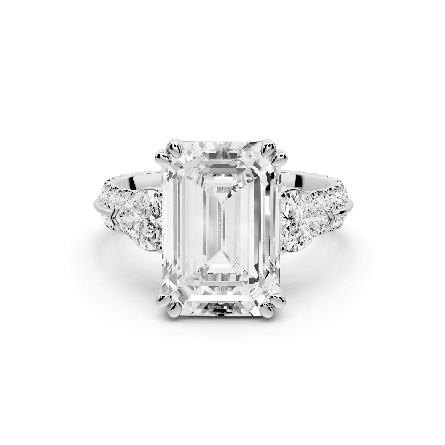 Elinor - 5ct platinum emerald diamond Double talon prongs with two heart side stones and rollover pavé engagement ring - Mr. Alex Jewelry