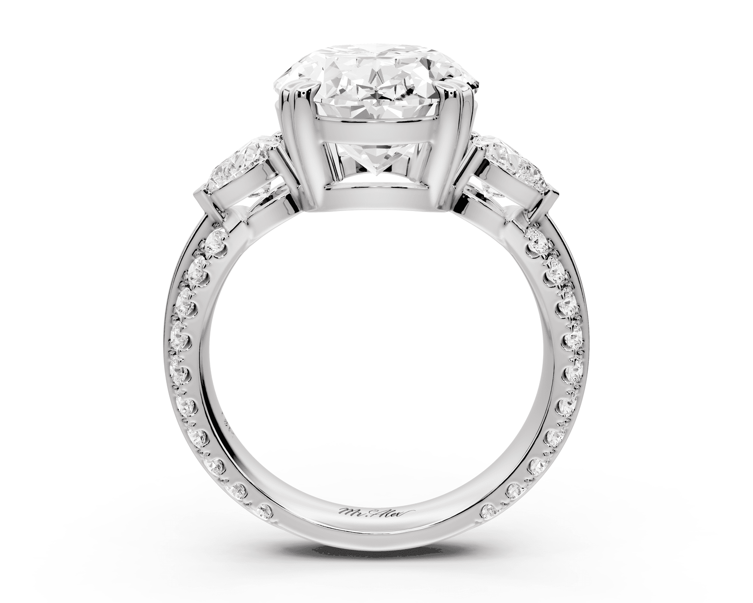 Elinor - 5ct platinum oval diamond Double talon prongs with two heart side stones and rollover pavé engagement ring - Mr. Alex Jewelry