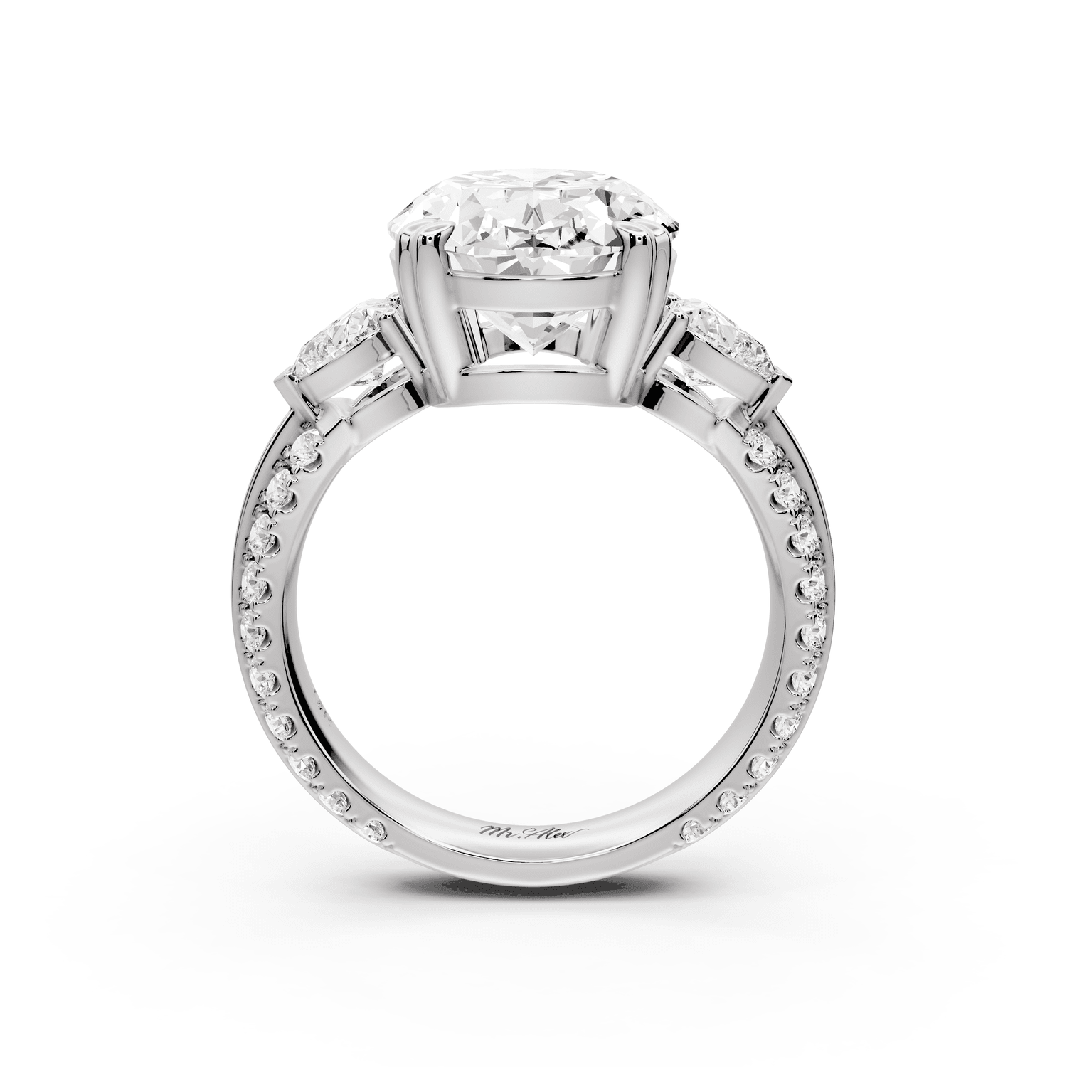 Elinor - 5ct platinum oval diamond Double talon prongs with two heart side stones and rollover pavé engagement ring - Mr. Alex Jewelry