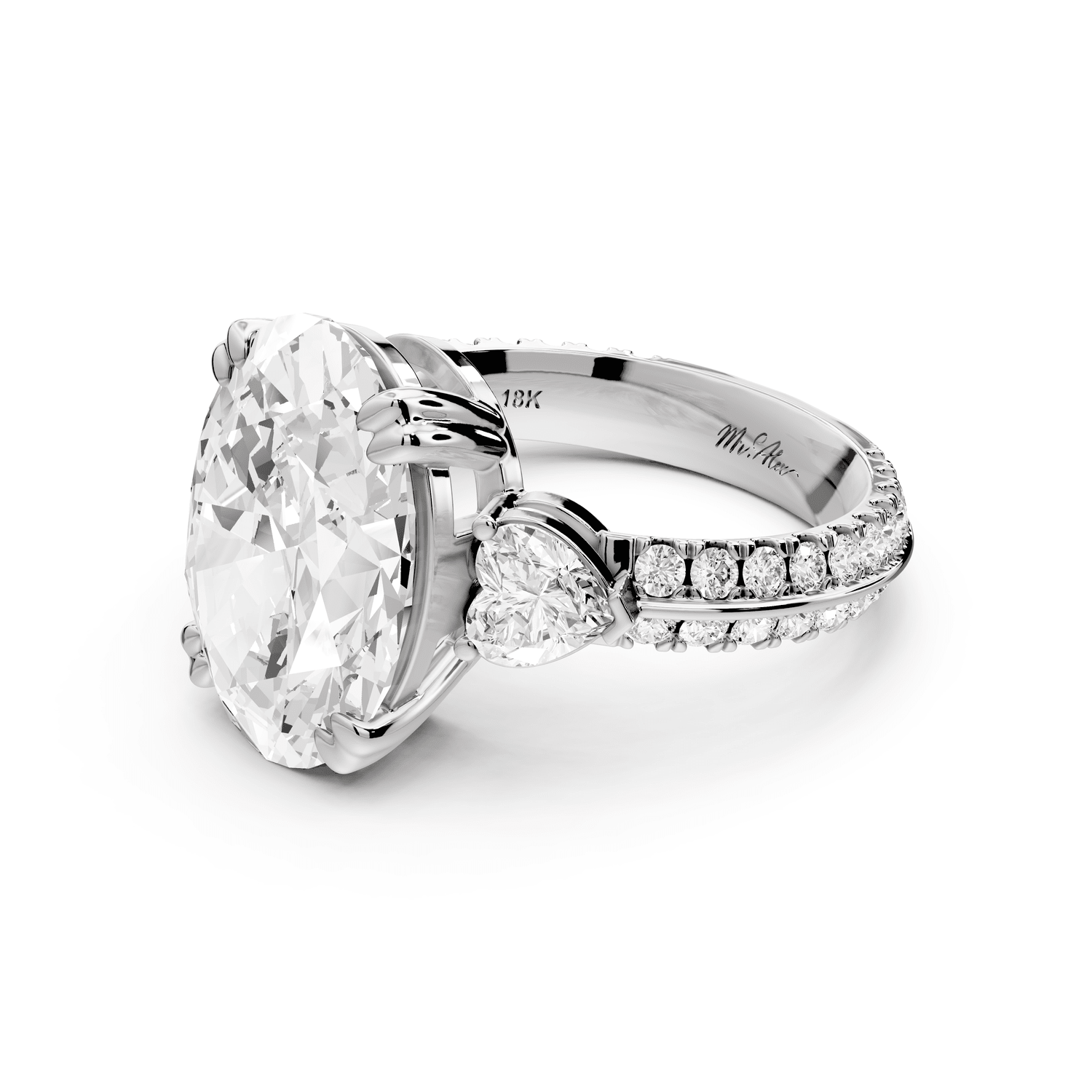 Elinor - 5ct platinum oval diamond Double talon prongs with two heart side stones and rollover pavé engagement ring - Mr. Alex Jewelry