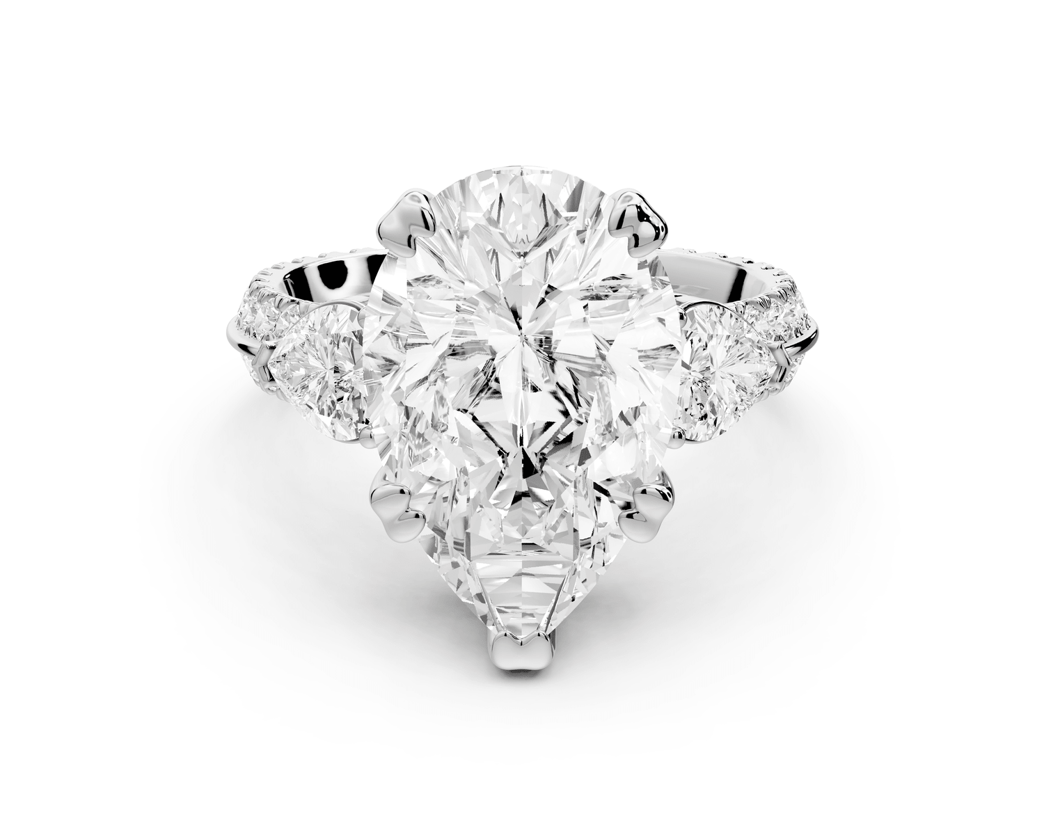 Elinor - 5ct platinum pear diamond Double talon prongs with two heart side stones and rollover pavé engagement ring - Mr. Alex Jewelry