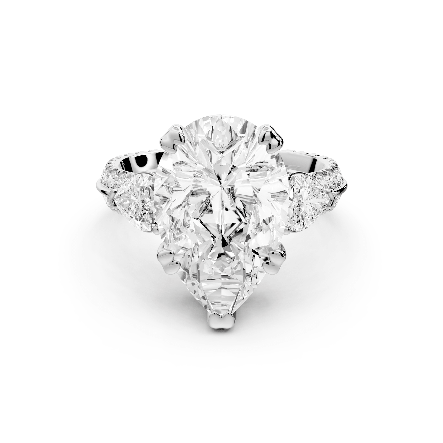 Elinor - 5ct platinum pear diamond Double talon prongs with two heart side stones and rollover pavé engagement ring - Mr. Alex Jewelry