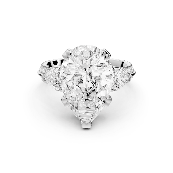 Elinor - 5ct platinum pear diamond Double talon prongs with two heart side stones and rollover pavé engagement ring - Mr. Alex Jewelry
