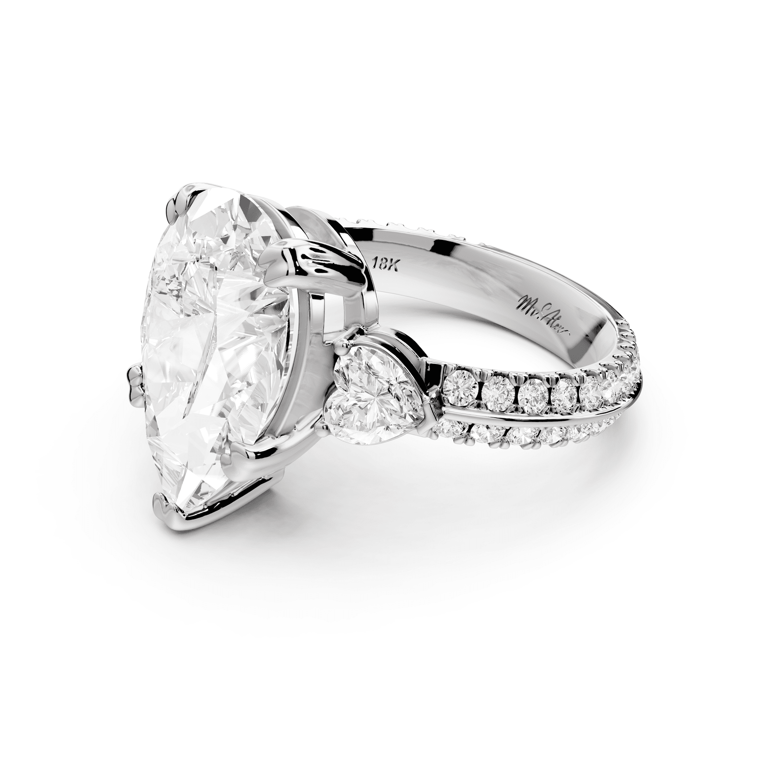 Elinor - 5ct platinum pear diamond Double talon prongs with two heart side stones and rollover pavé engagement ring - Mr. Alex Jewelry