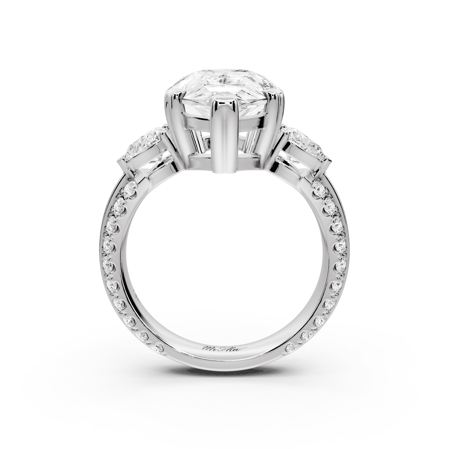 Elinor - 5ct platinum pear diamond Double talon prongs with two heart side stones and rollover pavé engagement ring - Mr. Alex Jewelry