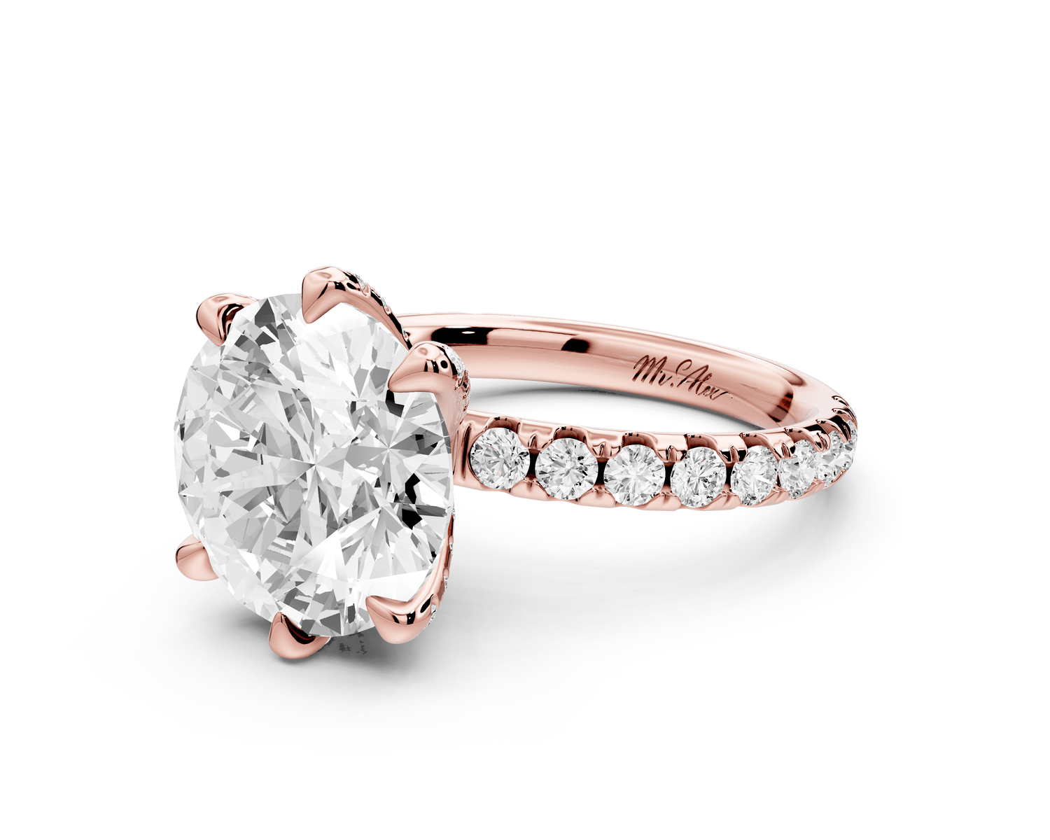 Elise - 3ct 18k rose gold round diamond 6 - Talon Prong Diamond Crown with Pavé Engagement Ring - Mr. Alex Jewelry