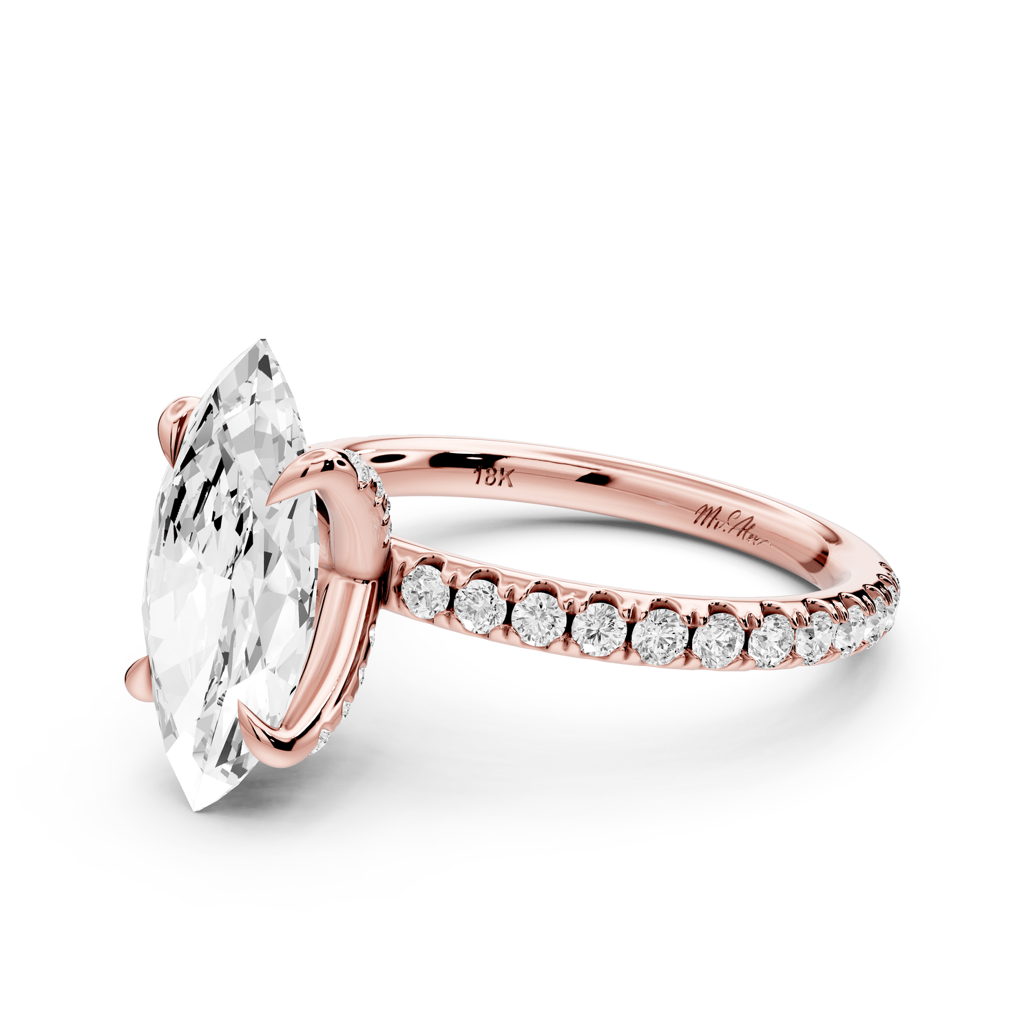 Elissa - 2ct 14k rose gold Marquise Classic Solitaire Engagement Ring with Shared-Prong Pavé Band - Mr. Alex Jewelry