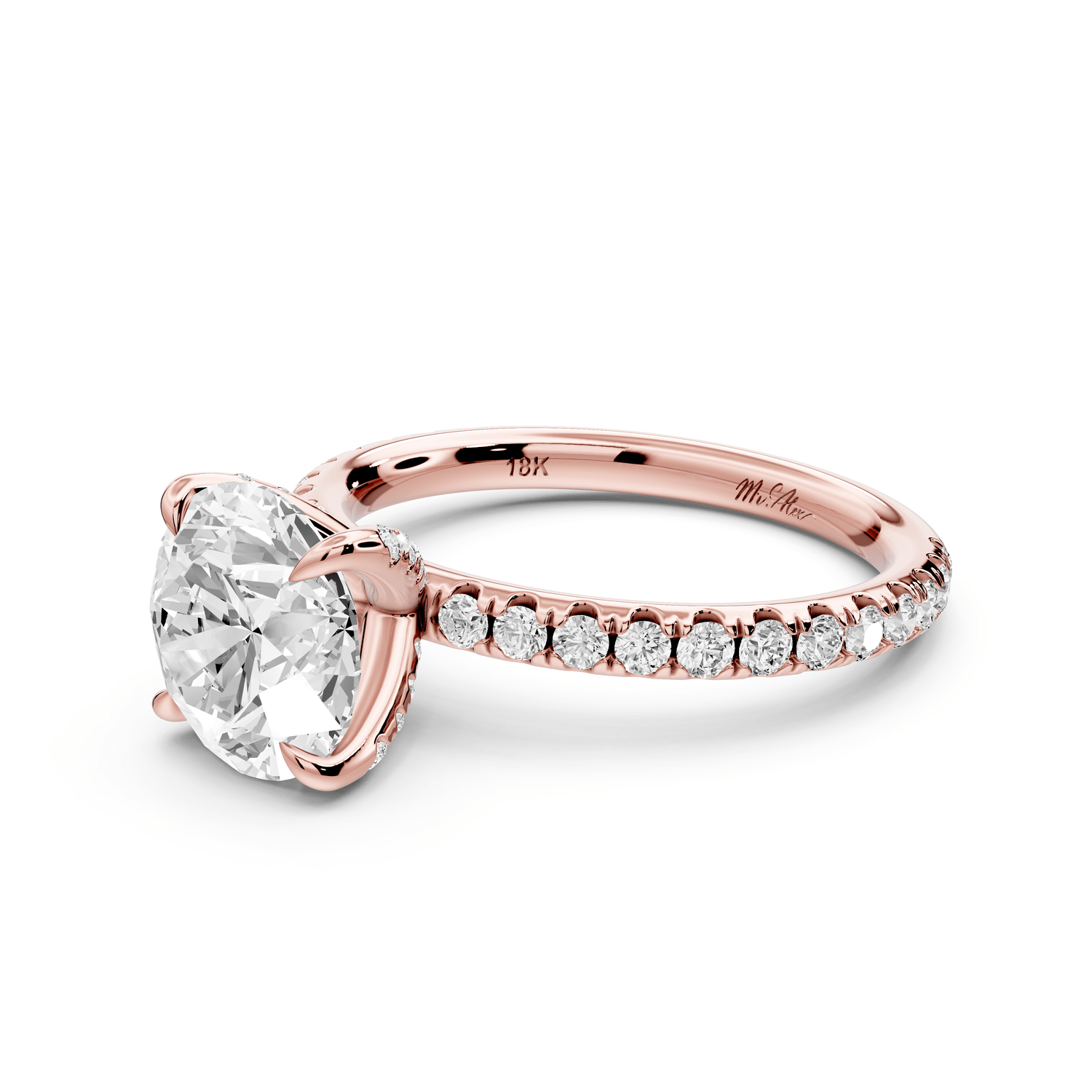 Elissa - 2ct 14k rose gold Round Classic Solitaire Engagement Ring with Shared-Prong Pavé Band - Mr. Alex Jewelry