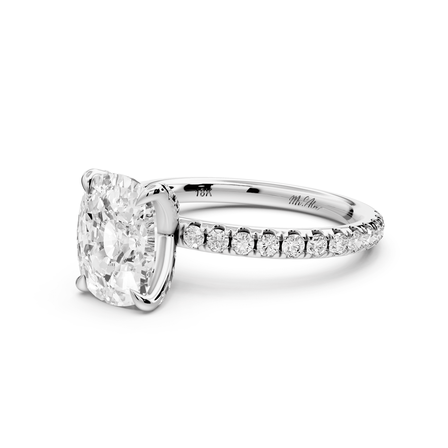 Elissa - 2ct 14k white gold Ecushion Classic Solitaire Engagement Ring with Shared-Prong Pavé Band - Mr. Alex Jewelry