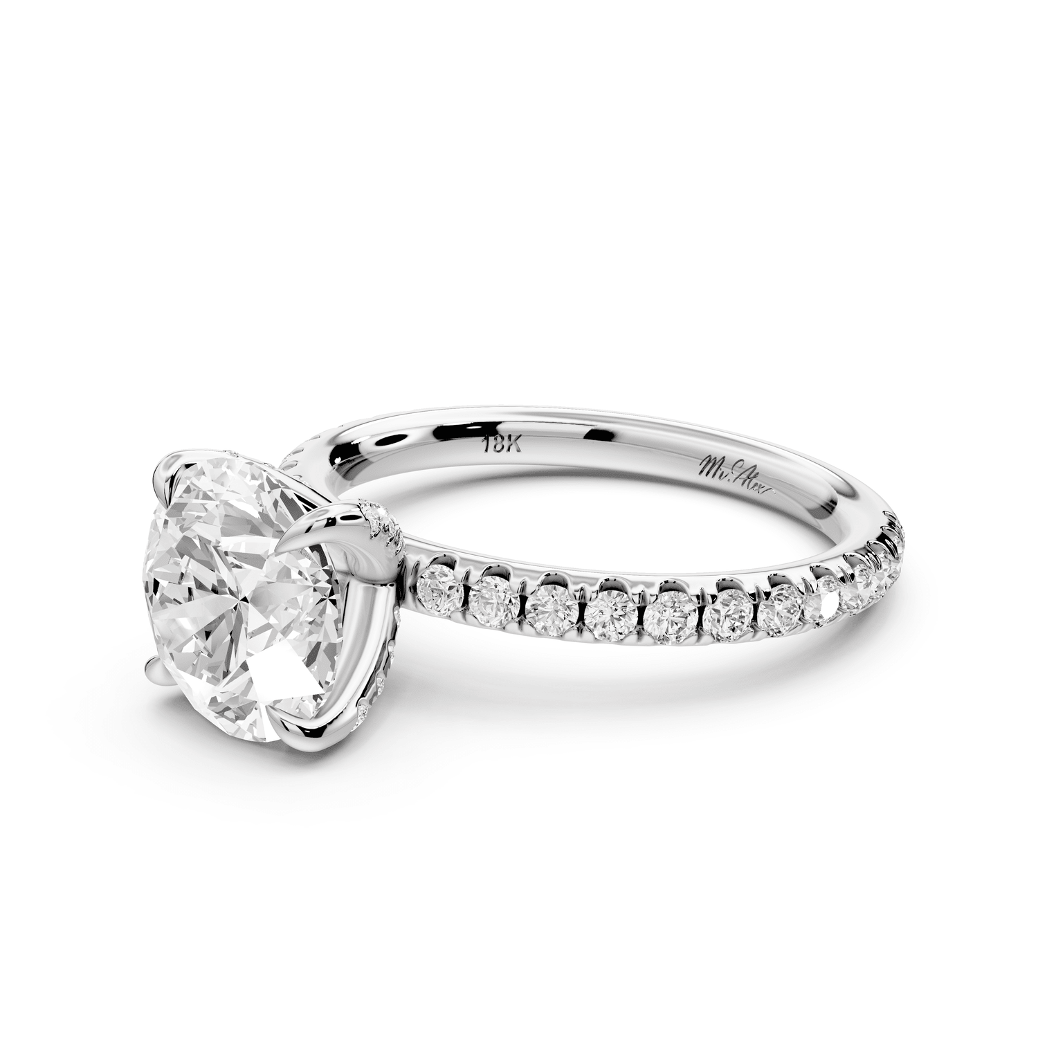 Elissa - 2ct 14k white gold Round Classic Solitaire Engagement Ring with Shared-Prong Pavé Band - Mr. Alex Jewelry