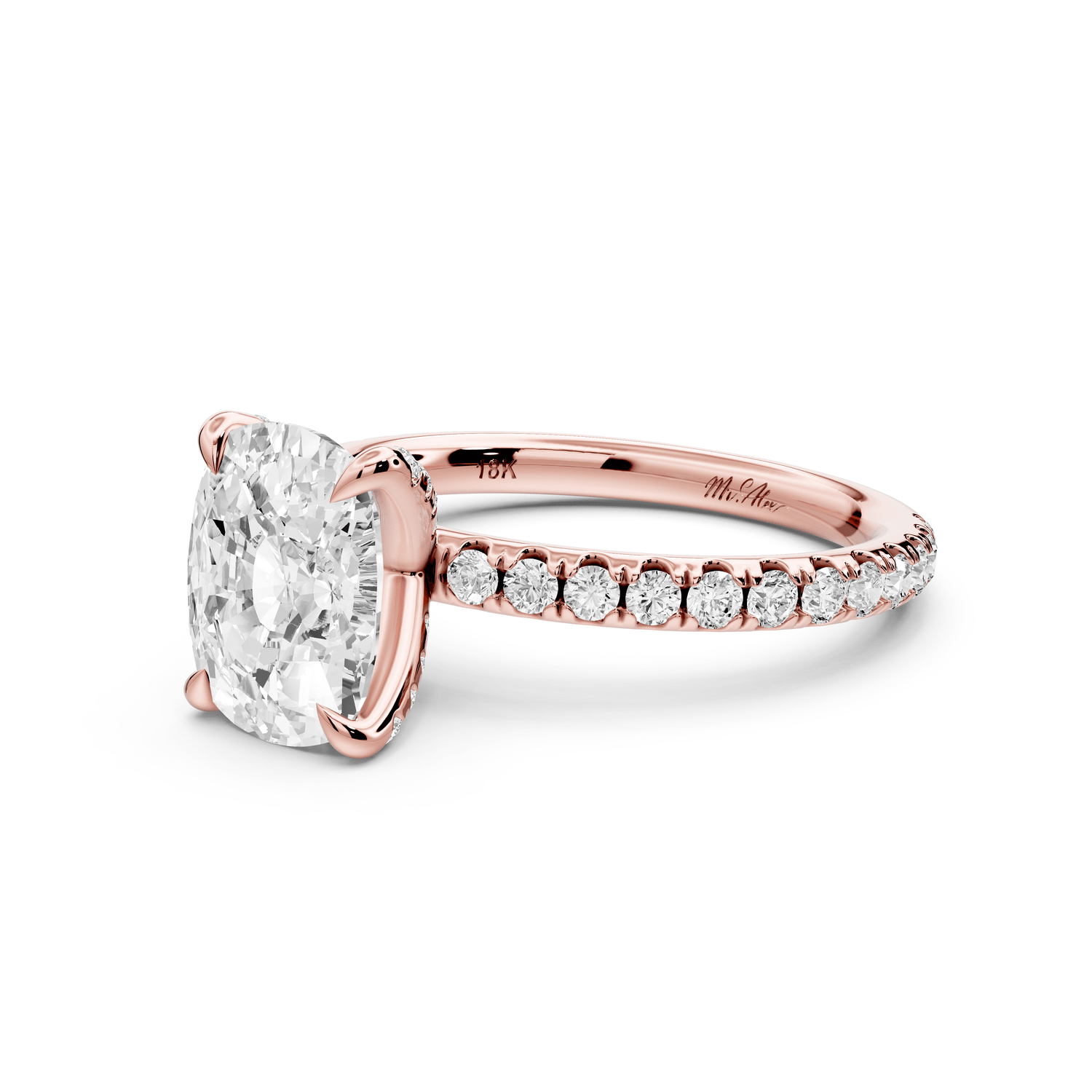 Elissa - 2ct 18k rose gold Ecushion Classic Solitaire Engagement Ring with Shared-Prong Pavé Band - Mr. Alex Jewelry