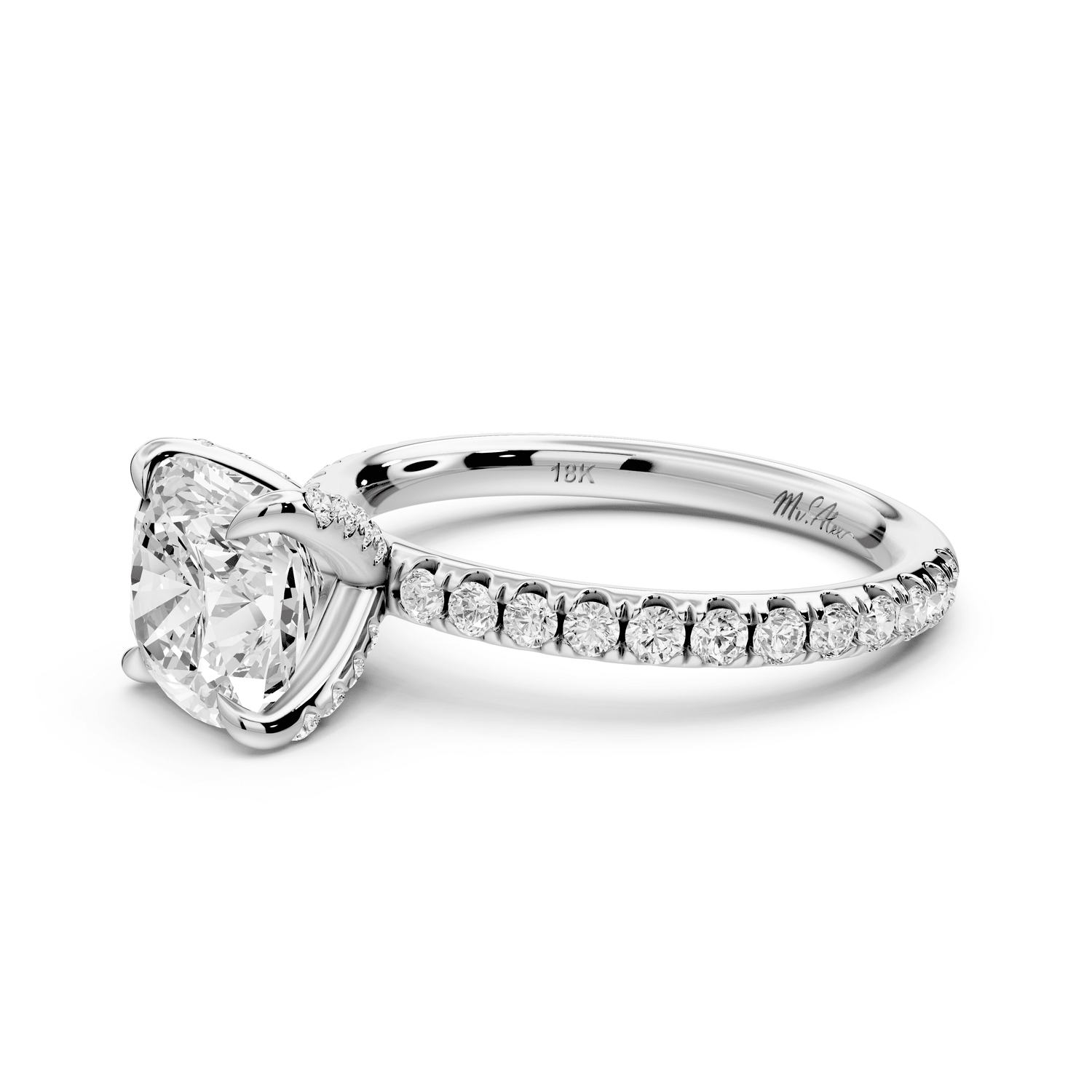 Elissa - 2ct 18k white gold Cushion Classic Solitaire Engagement Ring with Shared-Prong Pavé Band - Mr. Alex Jewelry