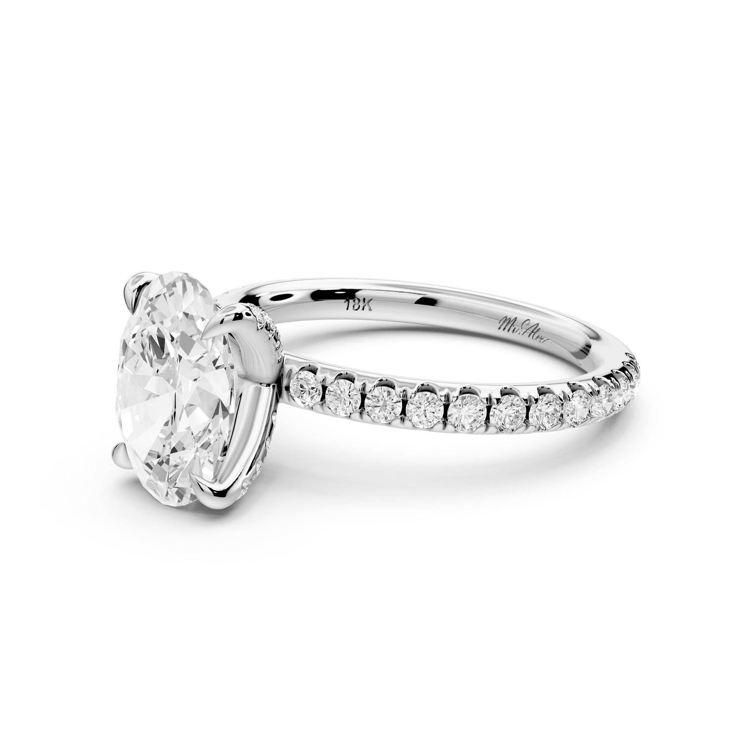 Elissa - 2ct 18k white gold Oval Classic Solitaire Engagement Ring with Shared-Prong Pavé Band - Mr. Alex Jewelry