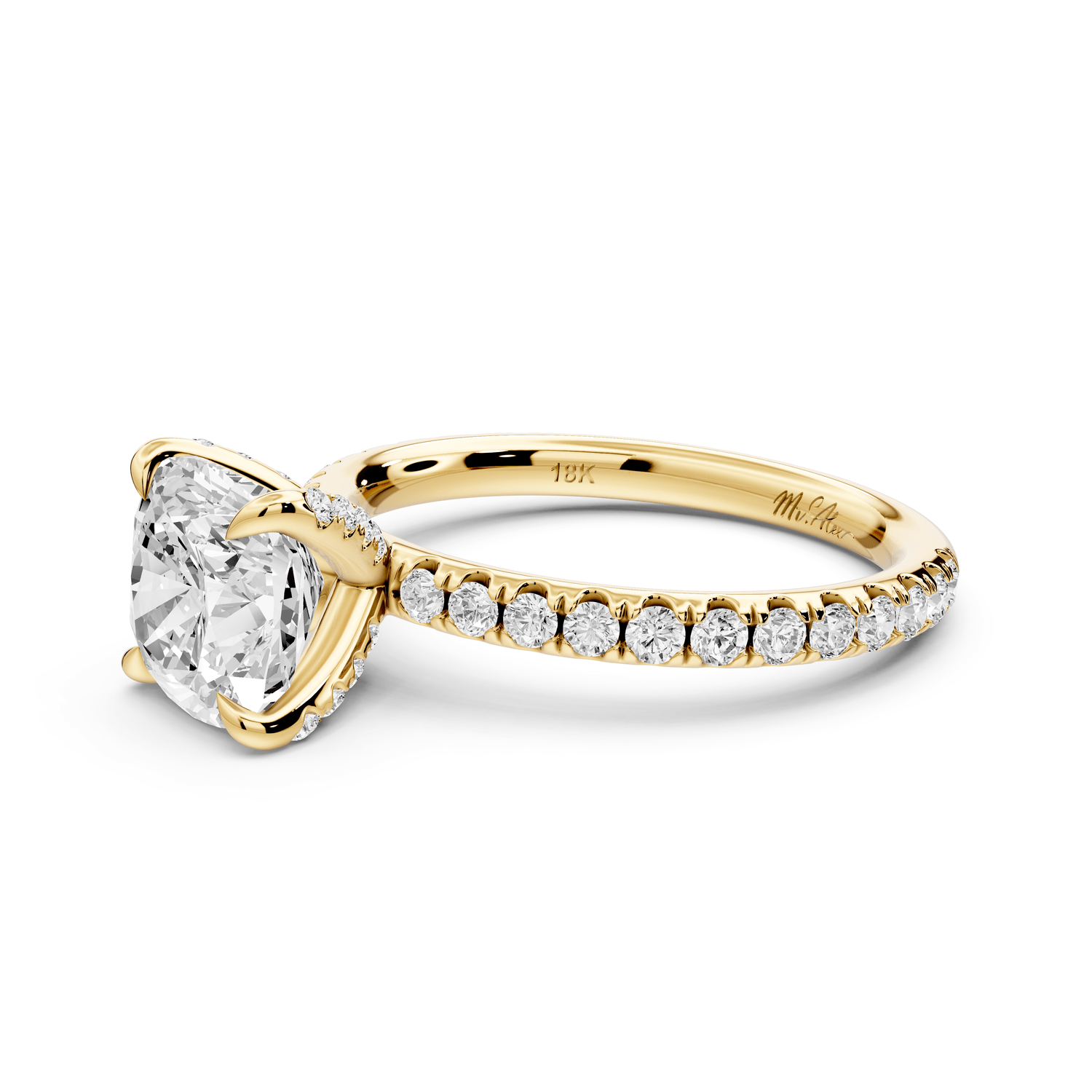 Elissa - 2ct 18k yellow gold Cushion Classic Solitaire Engagement Ring with Shared-Prong Pavé Band - Mr. Alex Jewelry