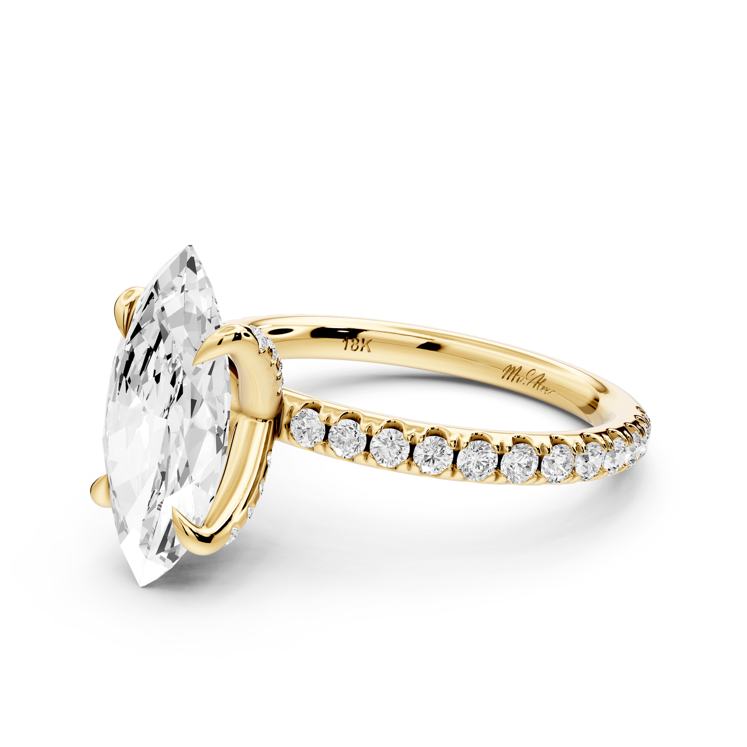 Elissa - 2ct 18k yellow gold Marquise Classic Solitaire Engagement Ring with Shared-Prong Pavé Band - Mr. Alex Jewelry