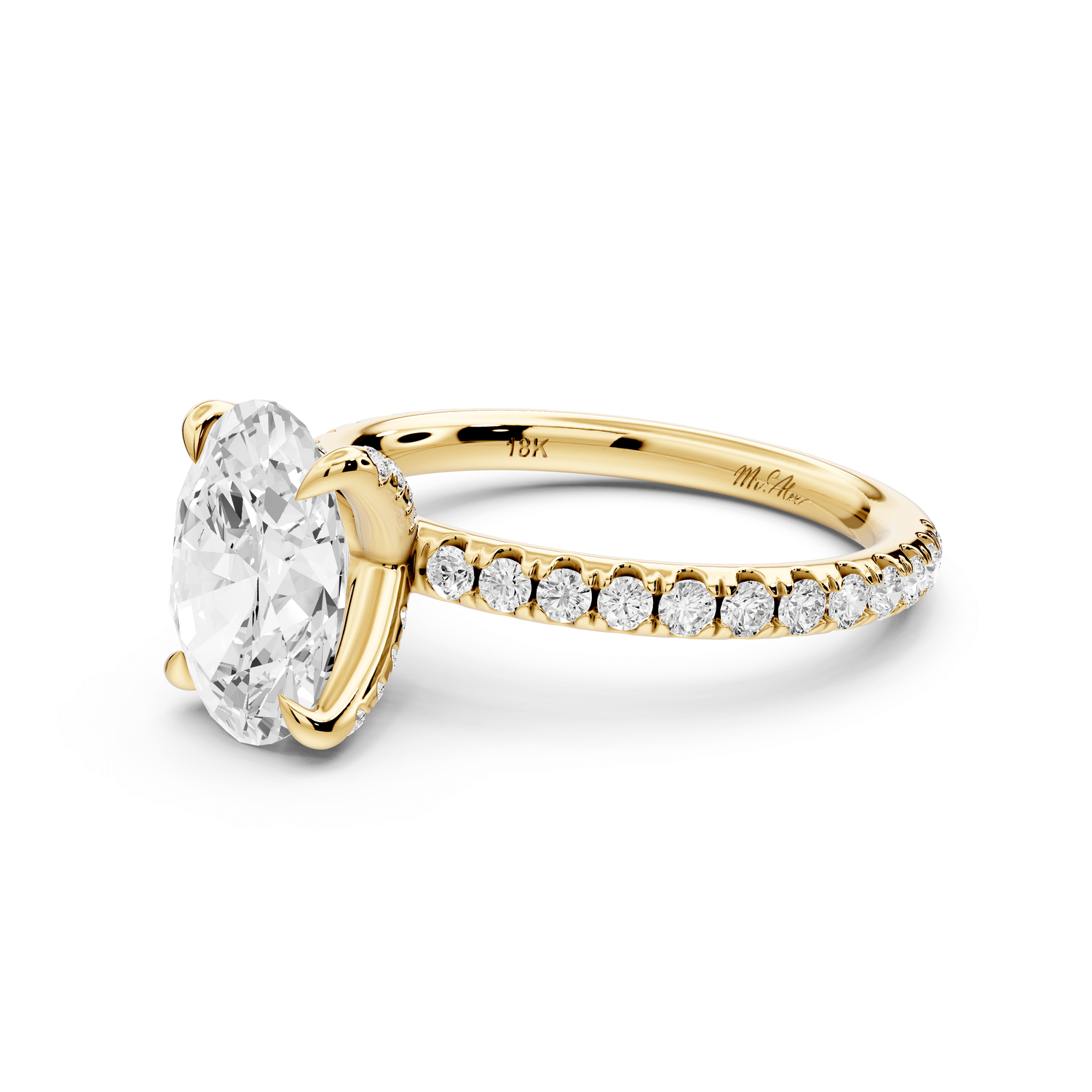 Elissa - 2ct 18k yellow gold Oval Classic Solitaire Engagement Ring with Shared-Prong Pavé Band - Mr. Alex Jewelry
