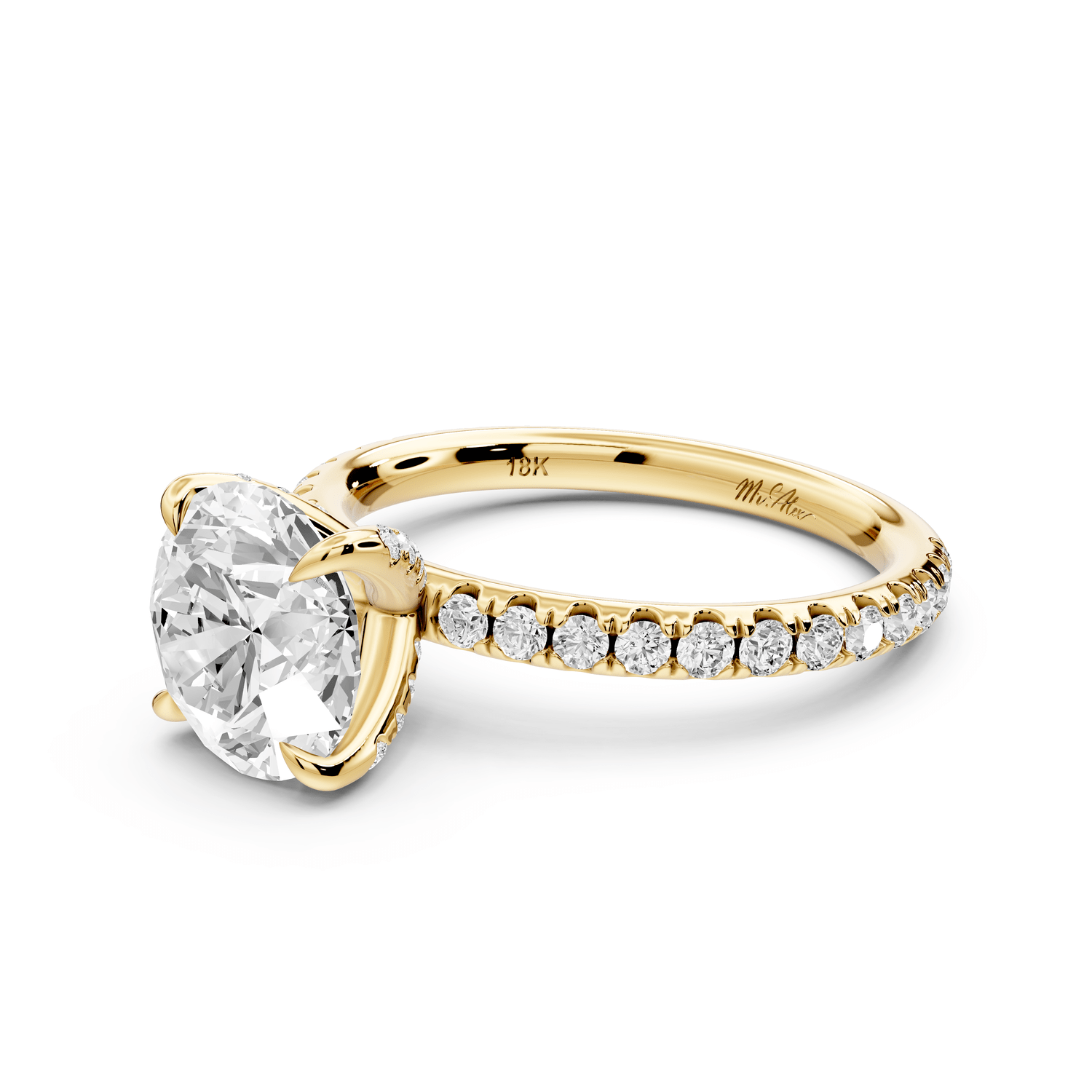 Elissa - 2ct 18k yellow gold Round Classic Solitaire Engagement Ring with Shared-Prong Pavé Band - Mr. Alex Jewelry